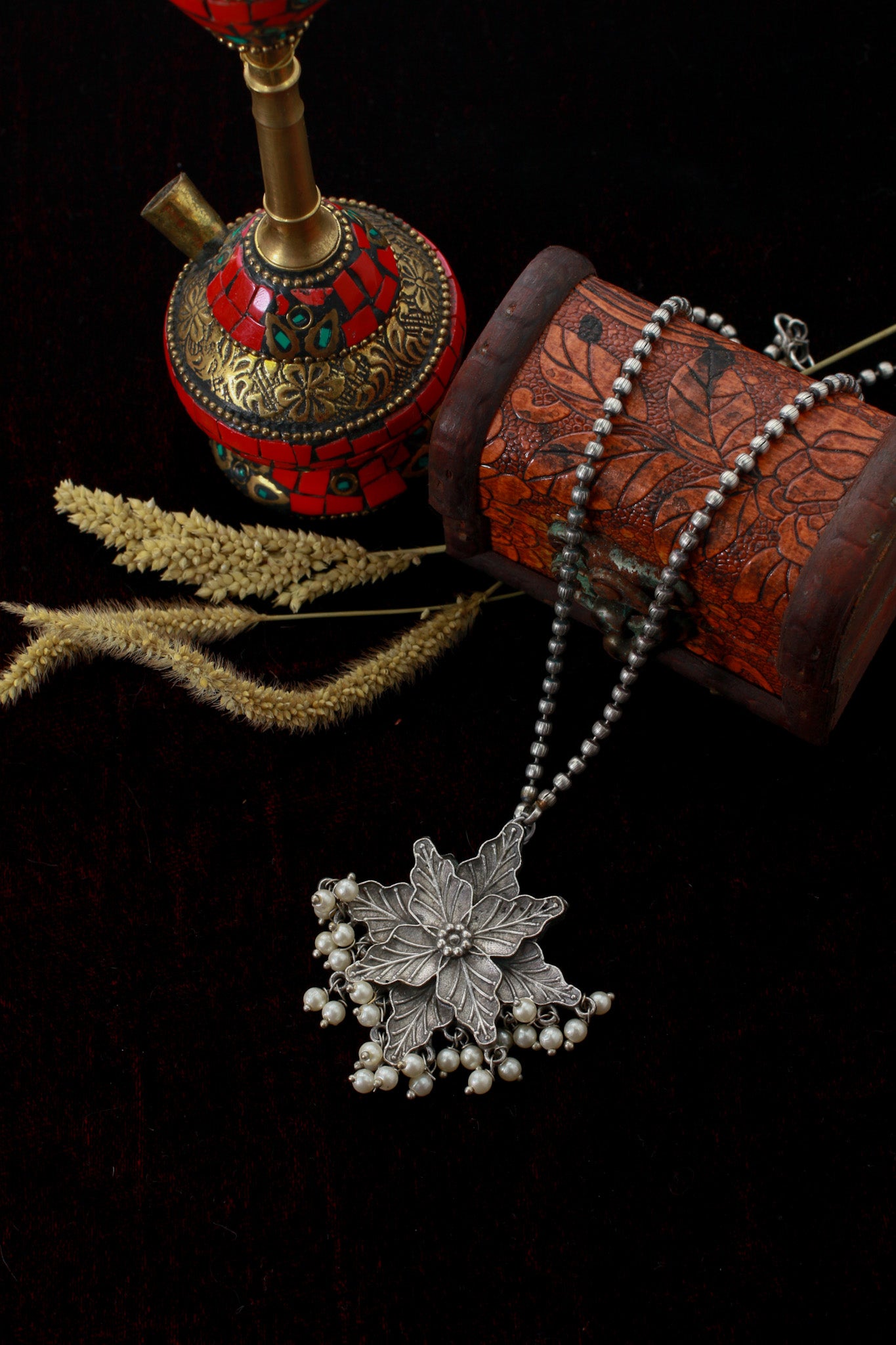 Oxidised Floral Star Pendant with Pearl Tassels | German Silver