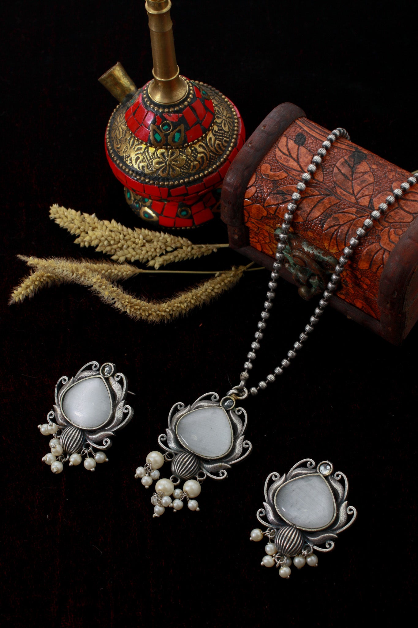 White Monalisa Lotus Pendant Set with Pearl Drops | Oxidised German Silver