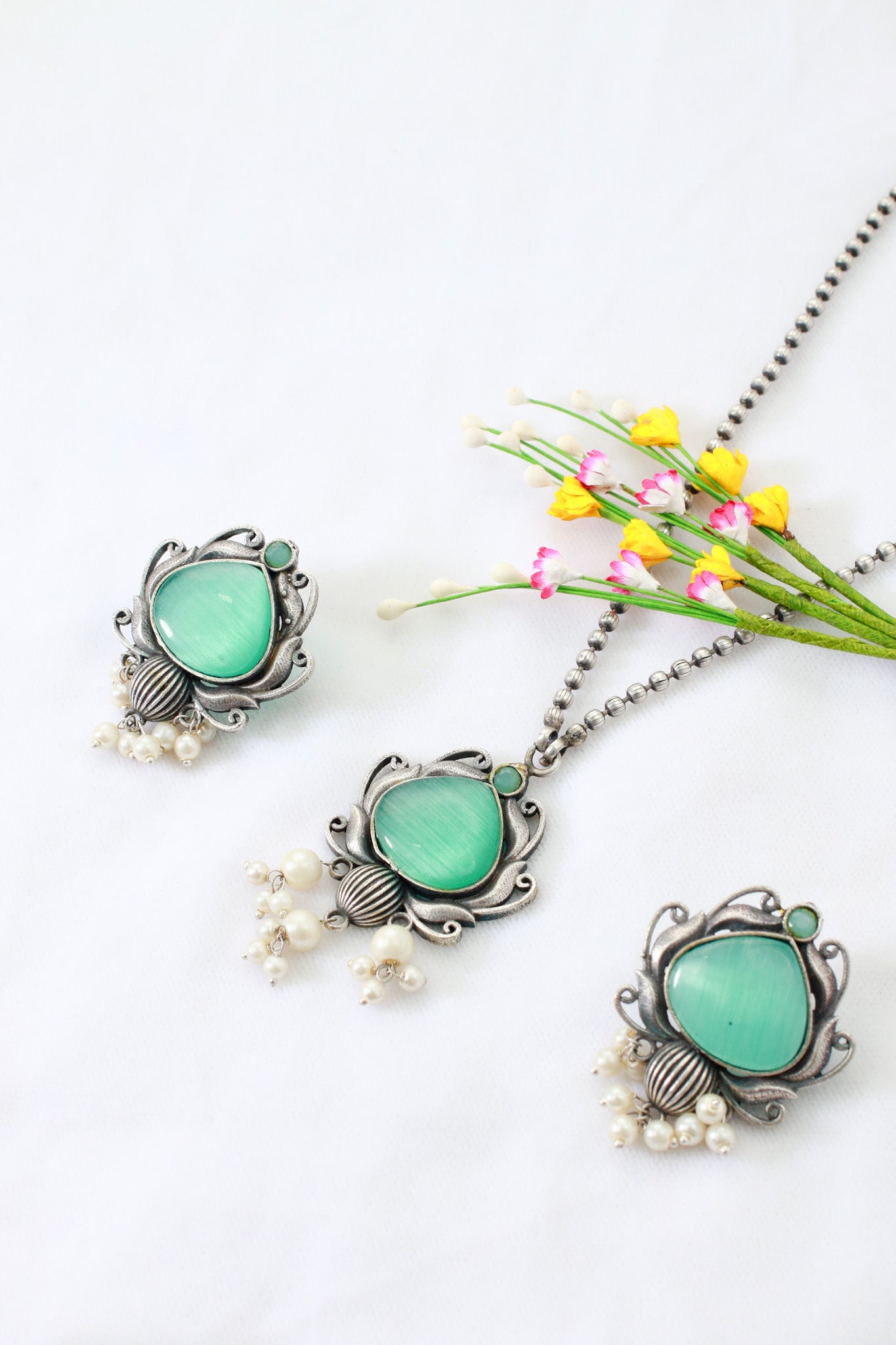 Green Monalisa Lotus Pendant Set with Earrings & Pearls | Oxidised German Silver
