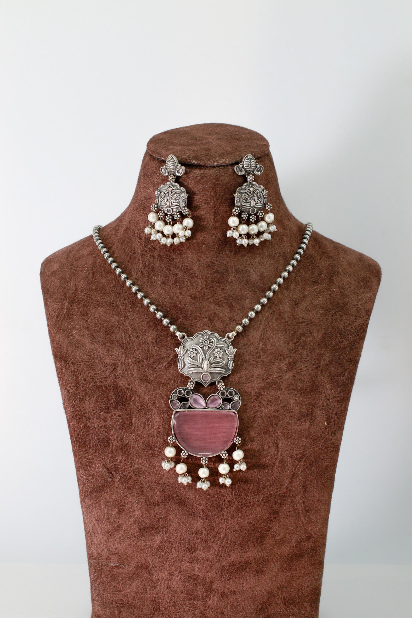 Pink Monalisa Floral Panel Pendant Set with Pearls | Oxidised German Silver