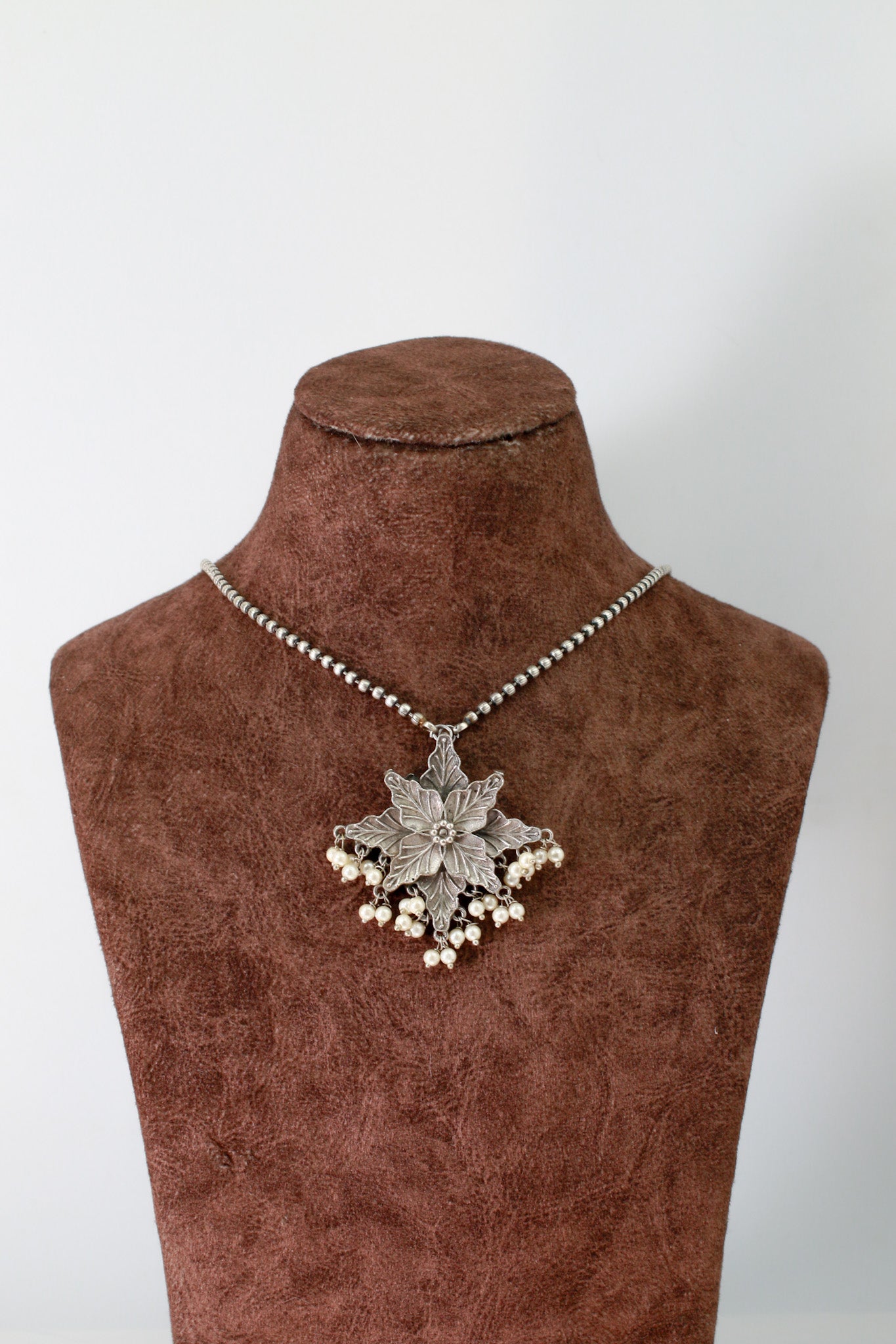 Oxidised Floral Star Pendant with Pearl Tassels | German Silver
