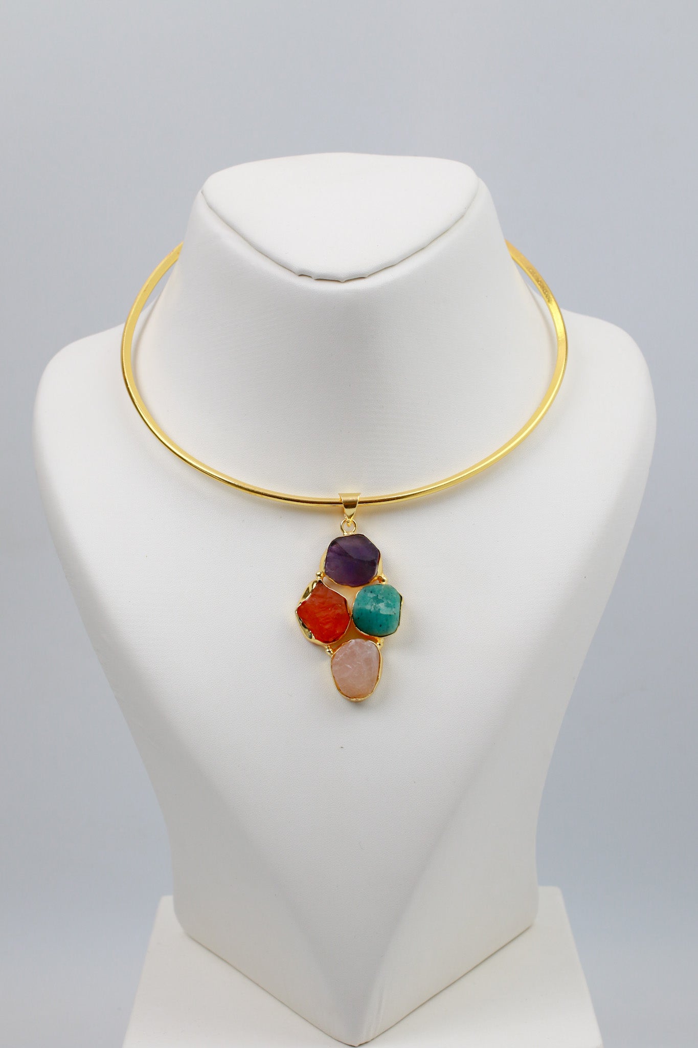 Minimal Hansuli Necklace with Multicolor Stones | Brass Anti Tarnish | Lightweight