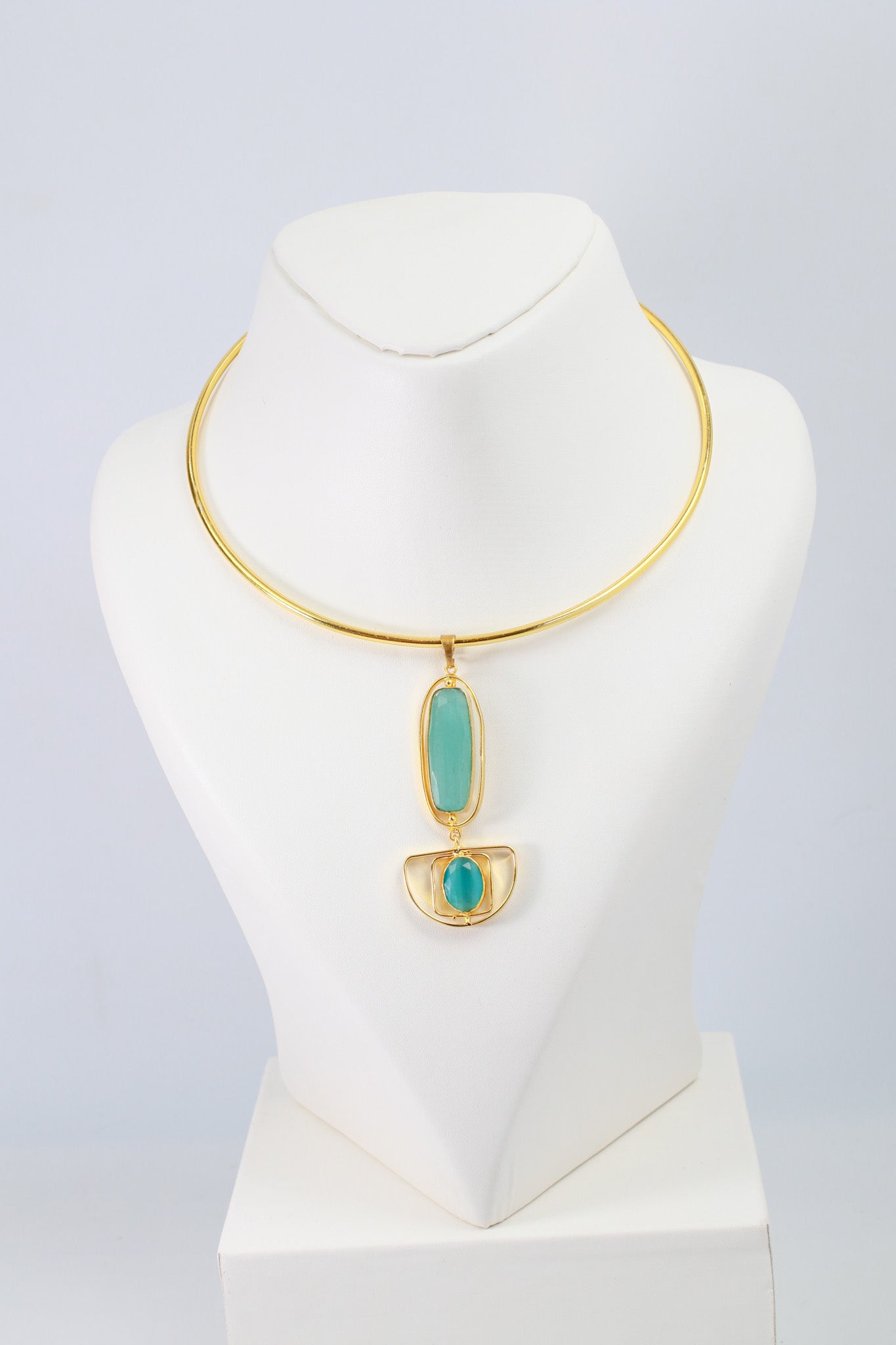 Hansuli Necklace with Art‑Deco Aqua Pendant | Brass Anti Tarnish | Lightweight