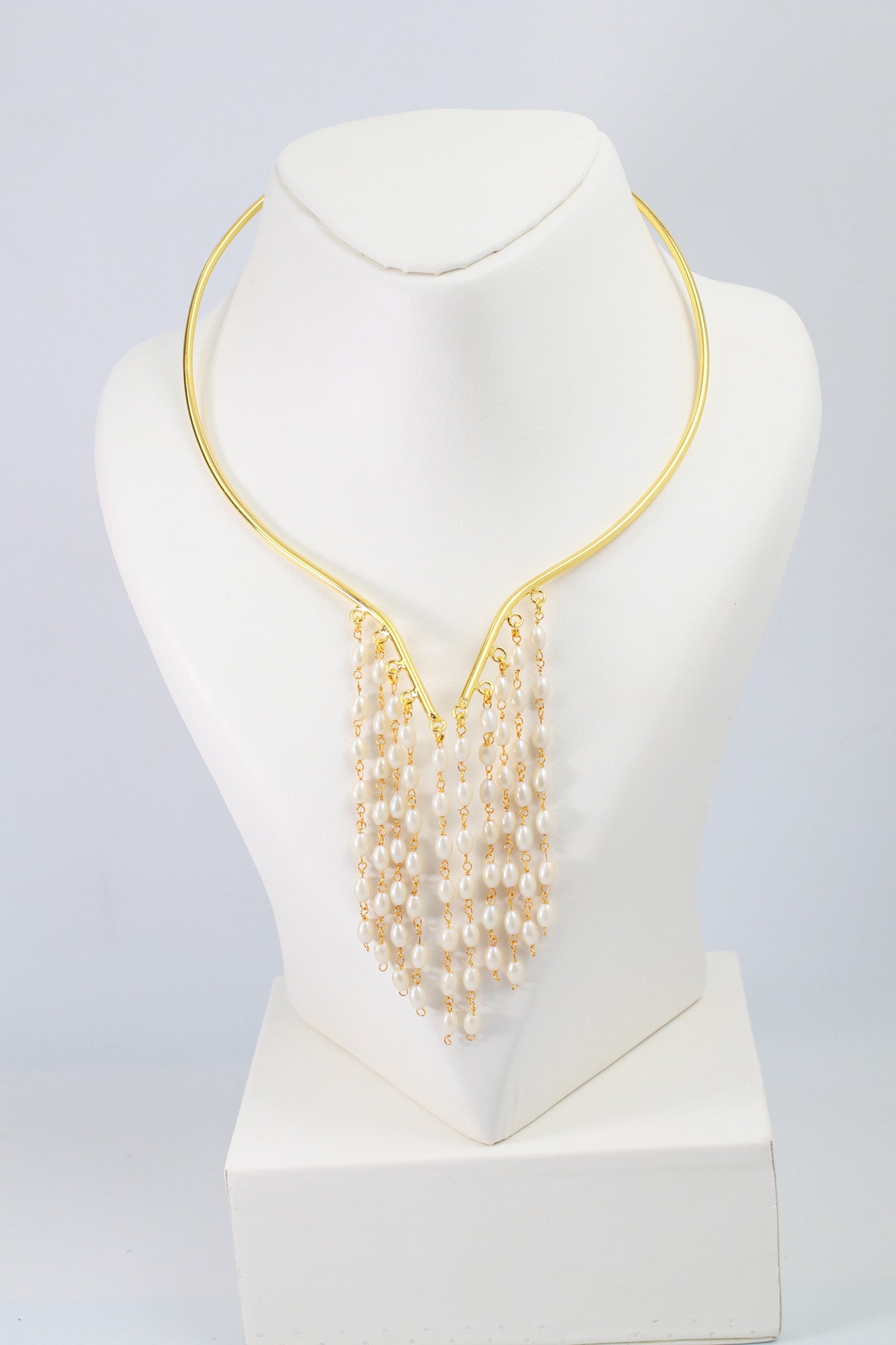 Pearl Tassel Hansuli Necklace | Brass Anti Tarnish | Lightweight
