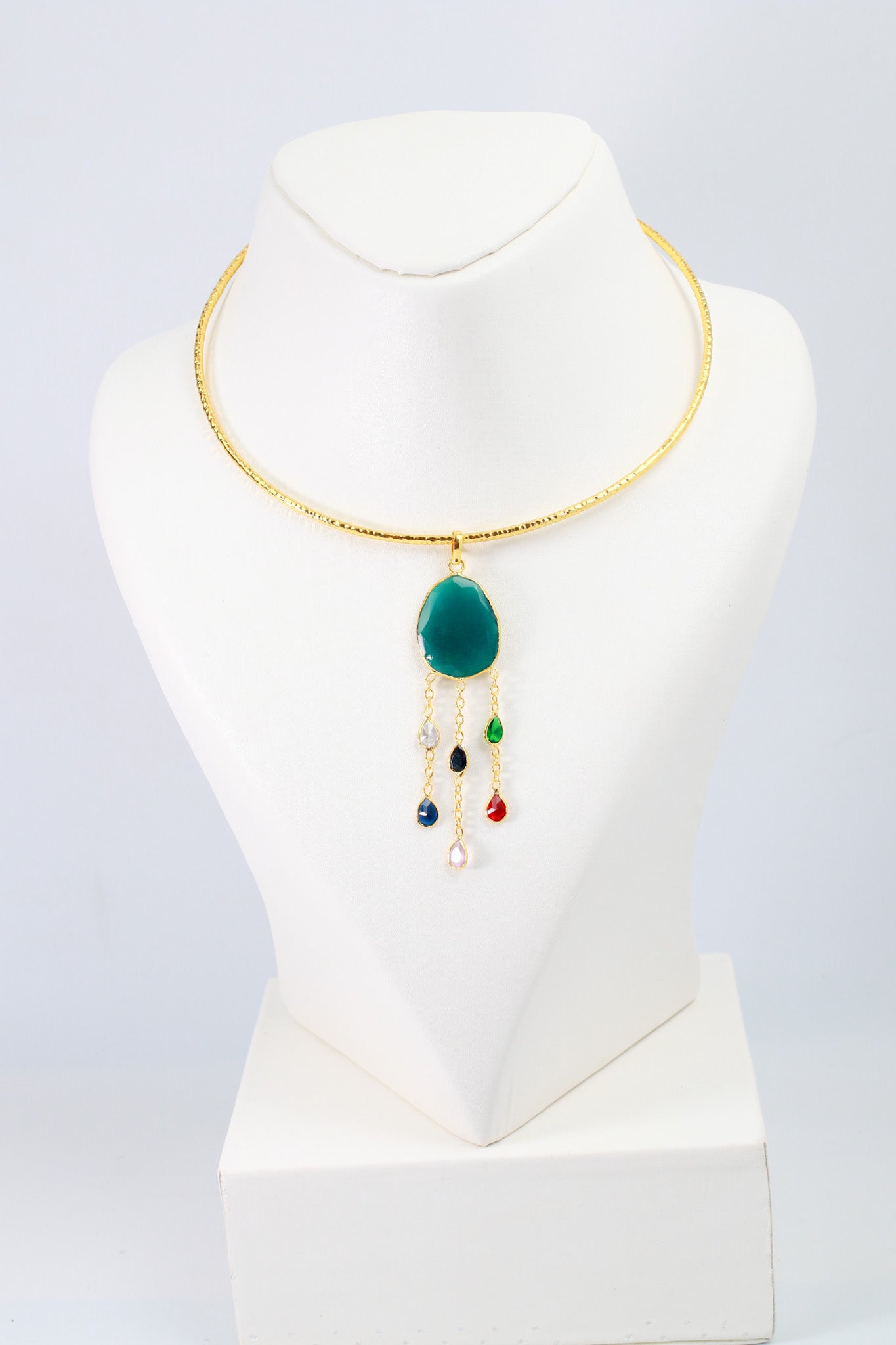 Hansuli Necklace with Green Pendant & Raindrop Dangles | Brass Anti Tarnish | Lightweight