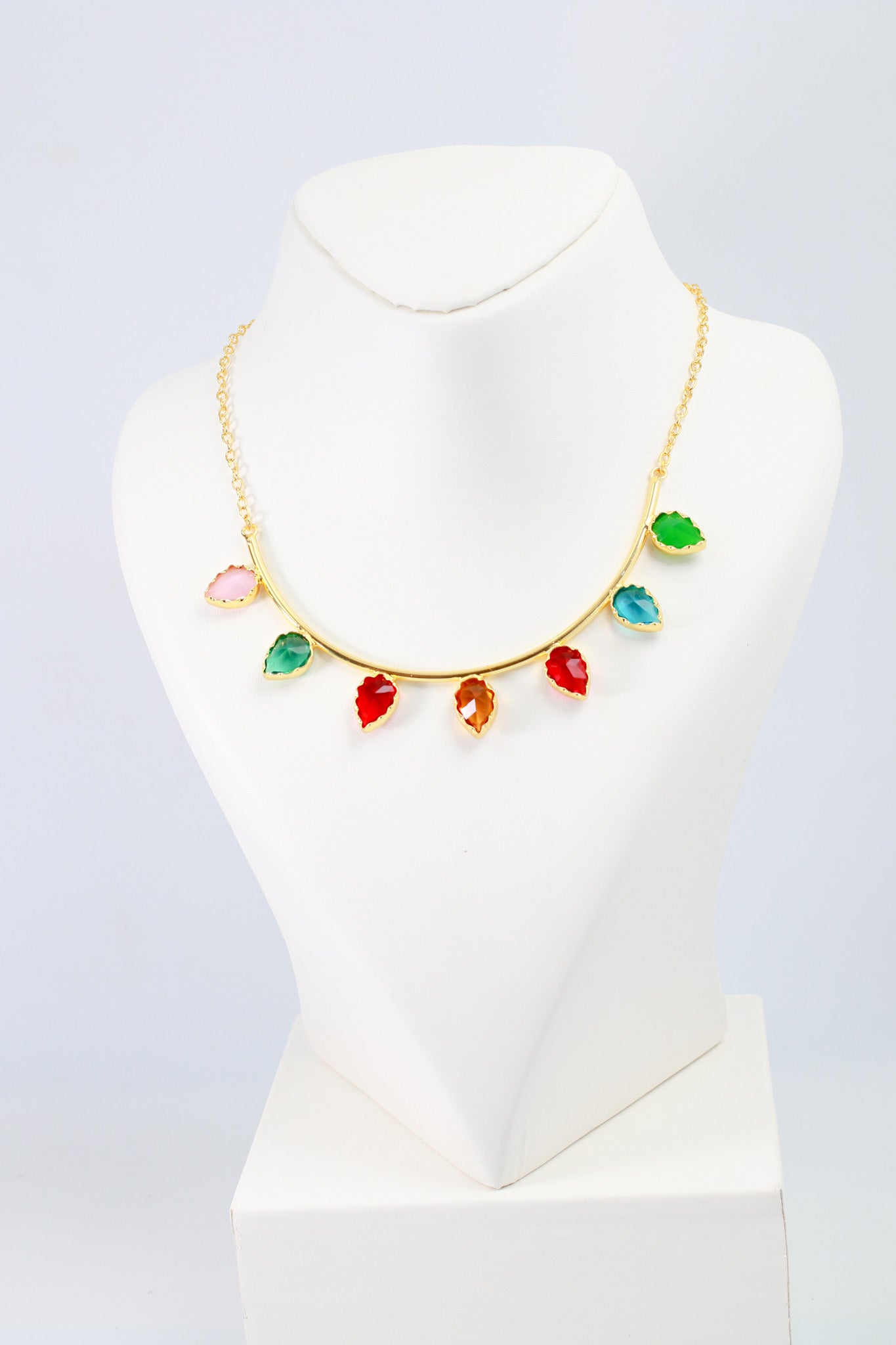 Leaf Design Multicolor Necklace | Natural Stones, Gold-Plated Brass
