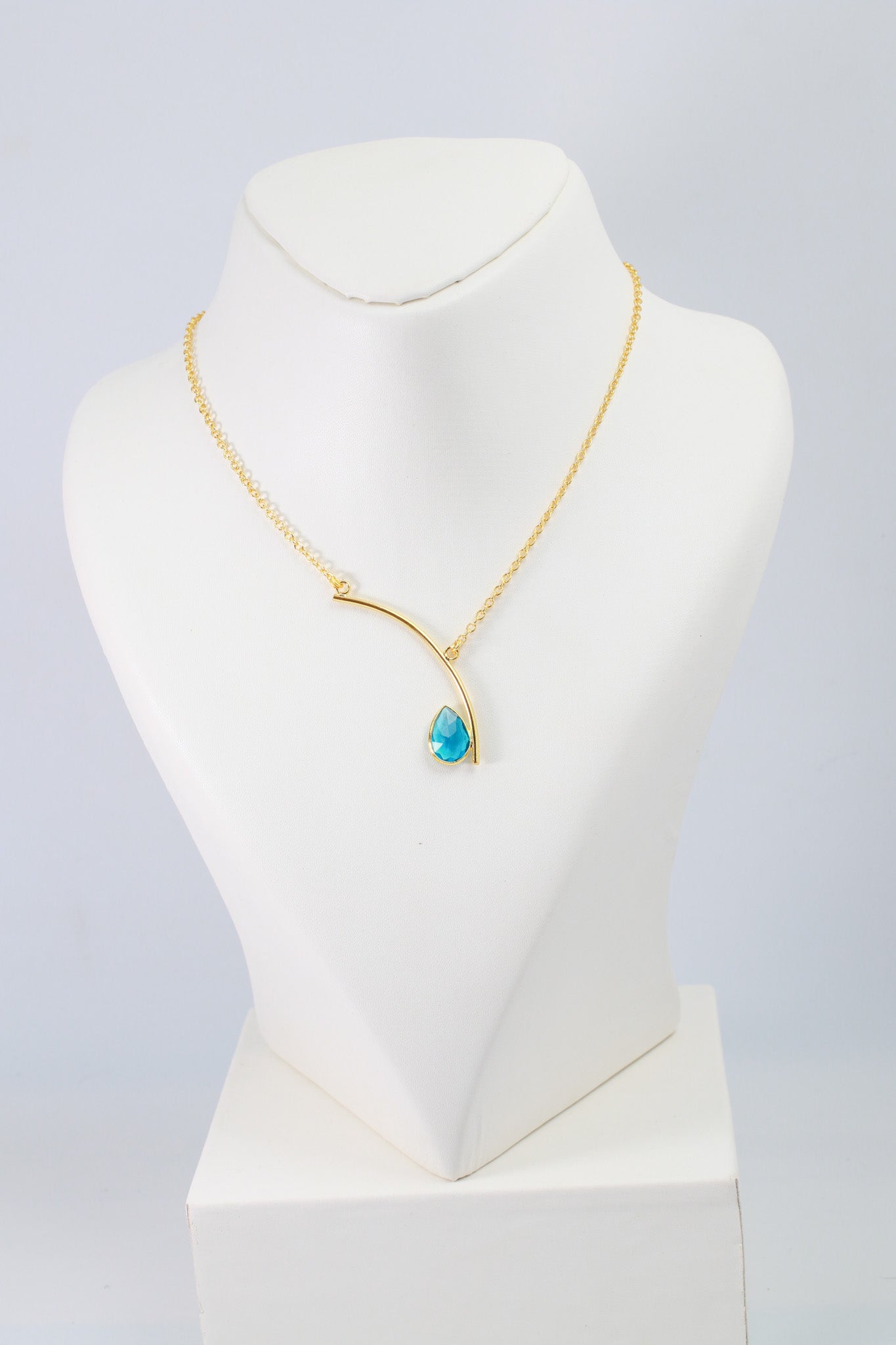 Curved Bar Chain Necklace with Aqua Teardrop Natural Stone | Brass Anti Tarnish | Lightweight