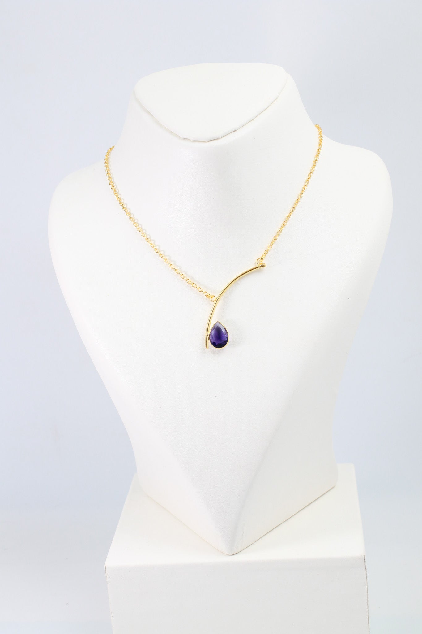 Curved Bar Chain Necklace with Purple Teardrop Natural Stone | Brass Anti Tarnish | Lightweight
