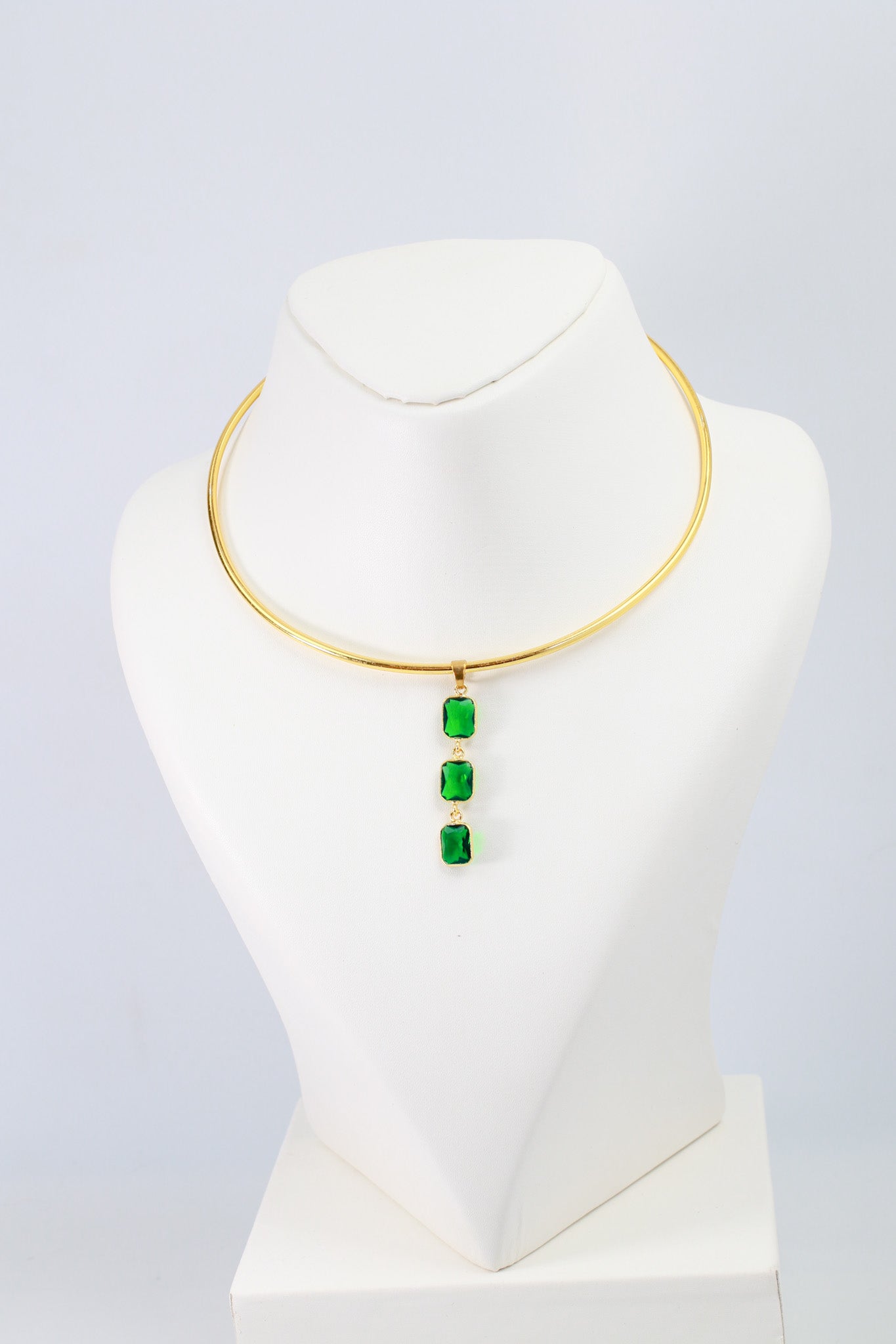 Hansuli Necklace with Triple Green Rectangle Pendant | Brass Anti Tarnish | Lightweight