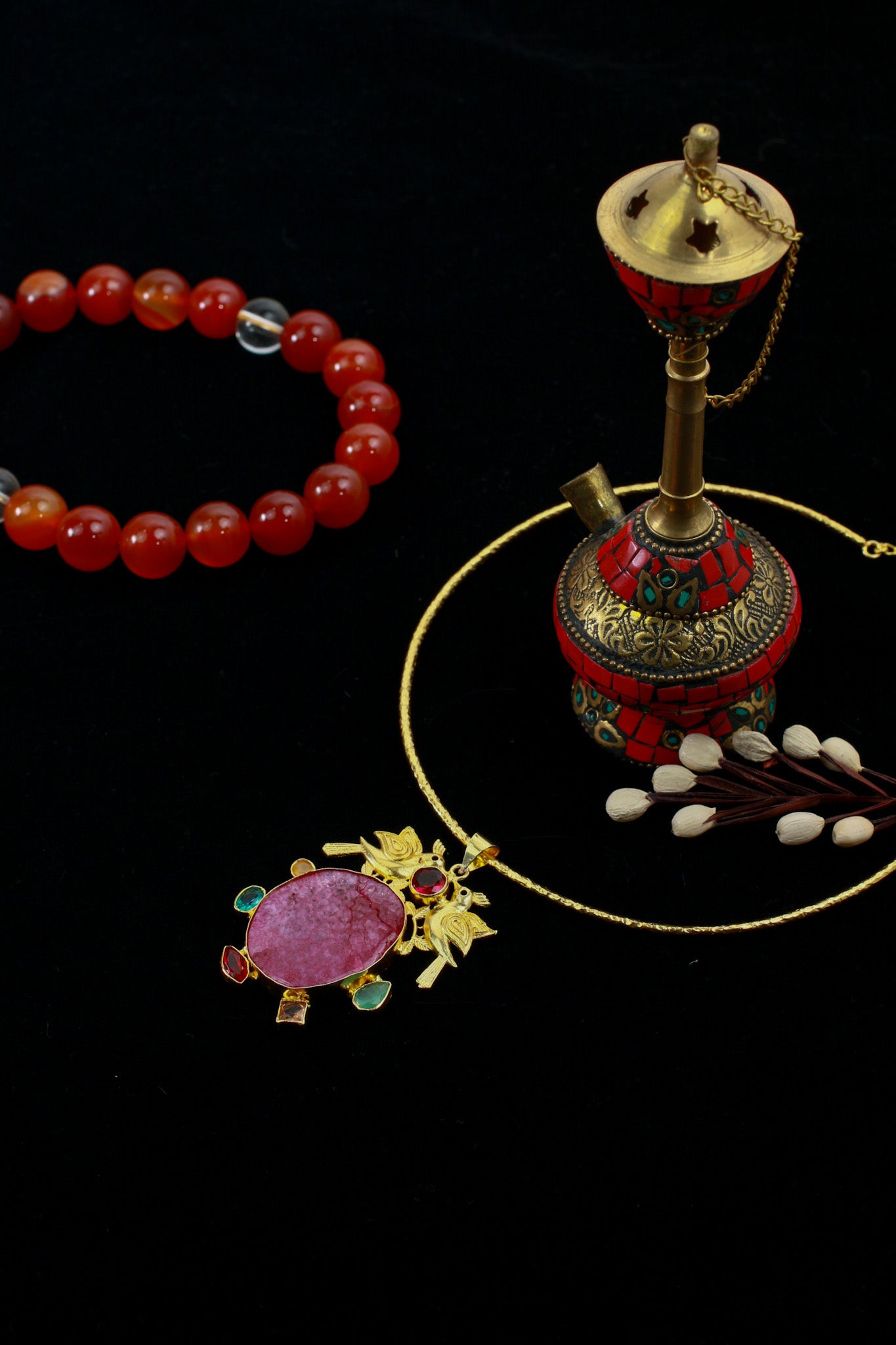 Hansuli Necklace with Bird Motif & Pink Druzy Pendant | Brass Anti Tarnish | Lightweight