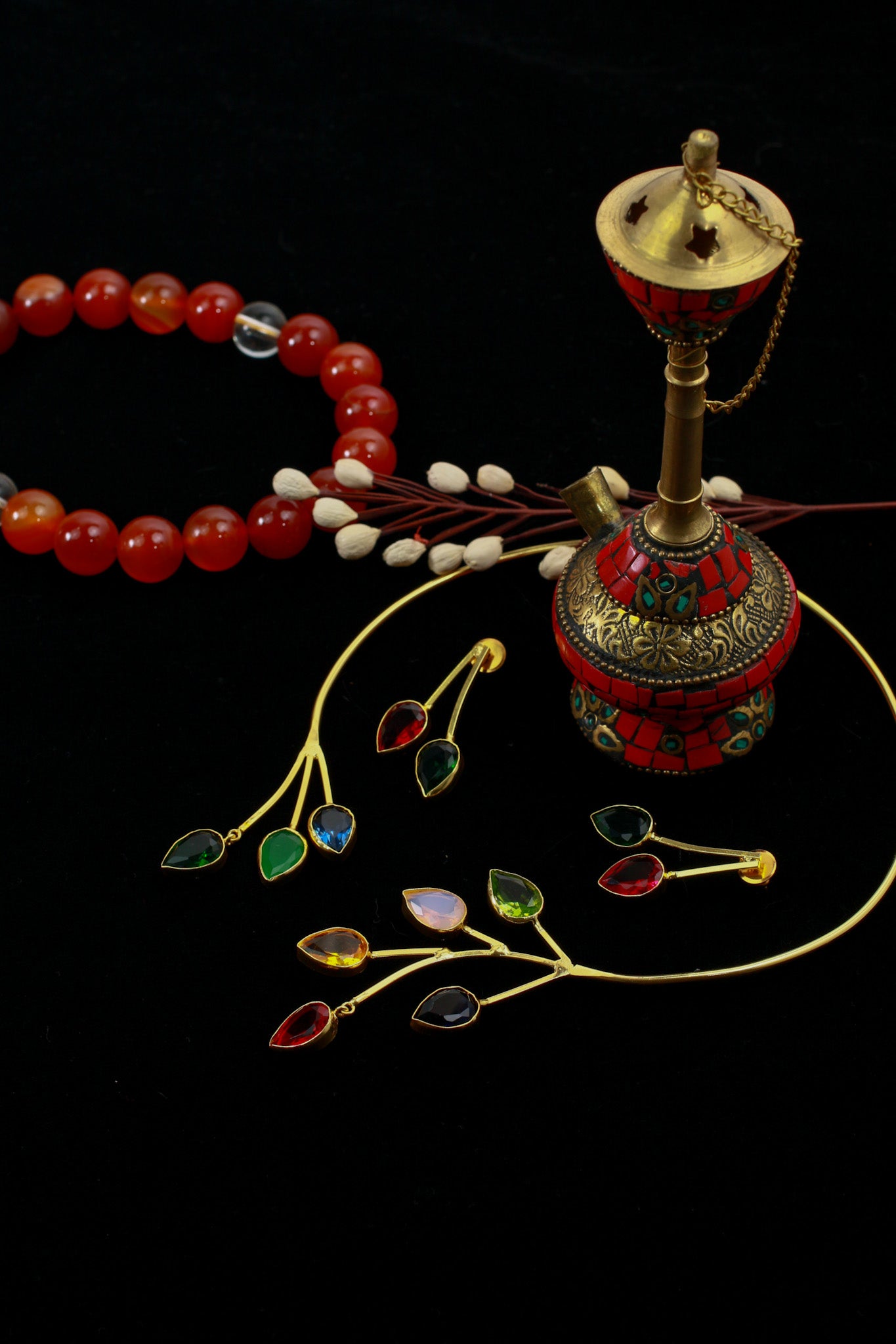 Branch Leaf Multistone Hansuli Necklace With Earrings | Brass Anti Tarnish | Lightweight