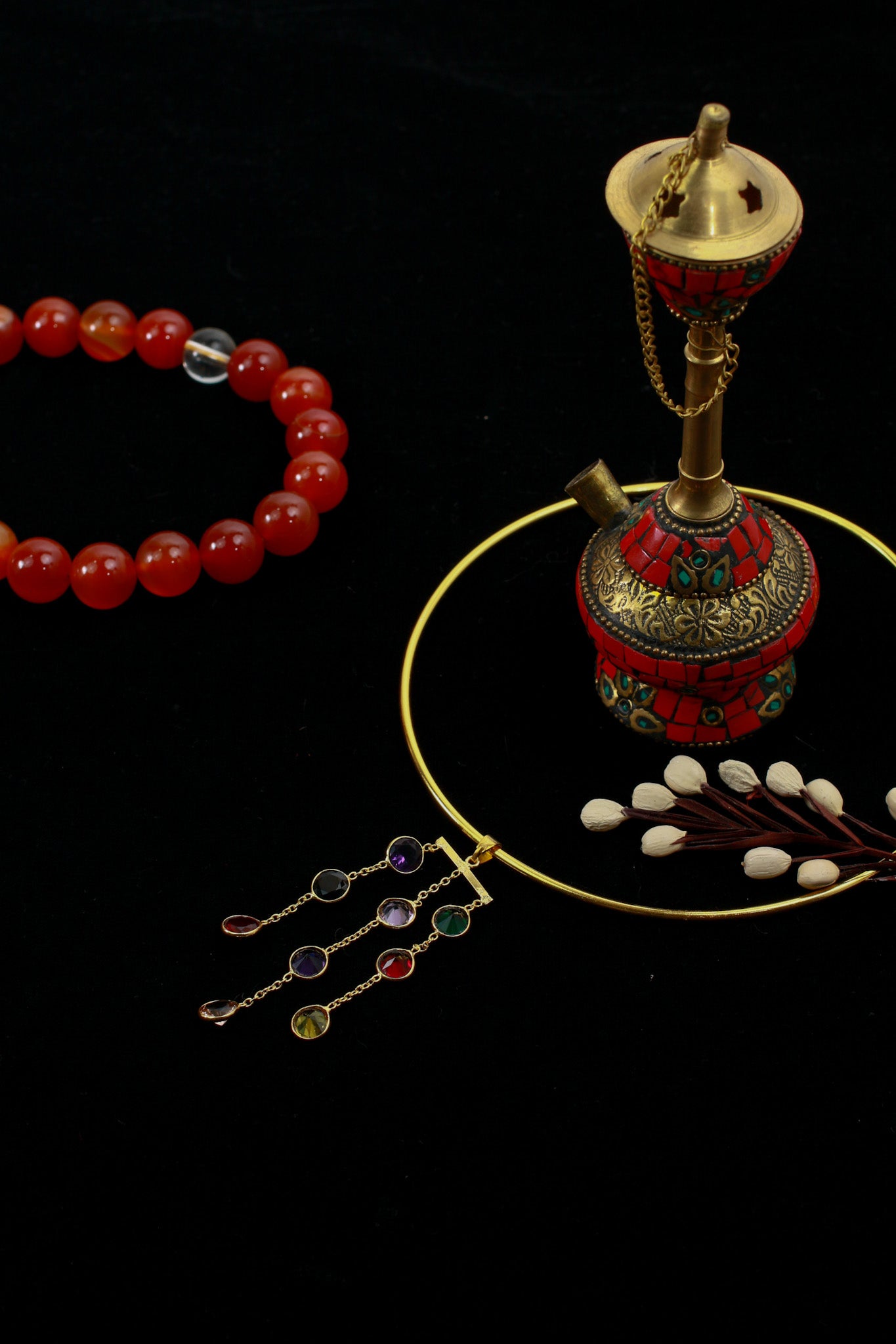 Hansuli Necklace with Triple-Chain Gem Pendant | Brass Anti Tarnish | Lightweight