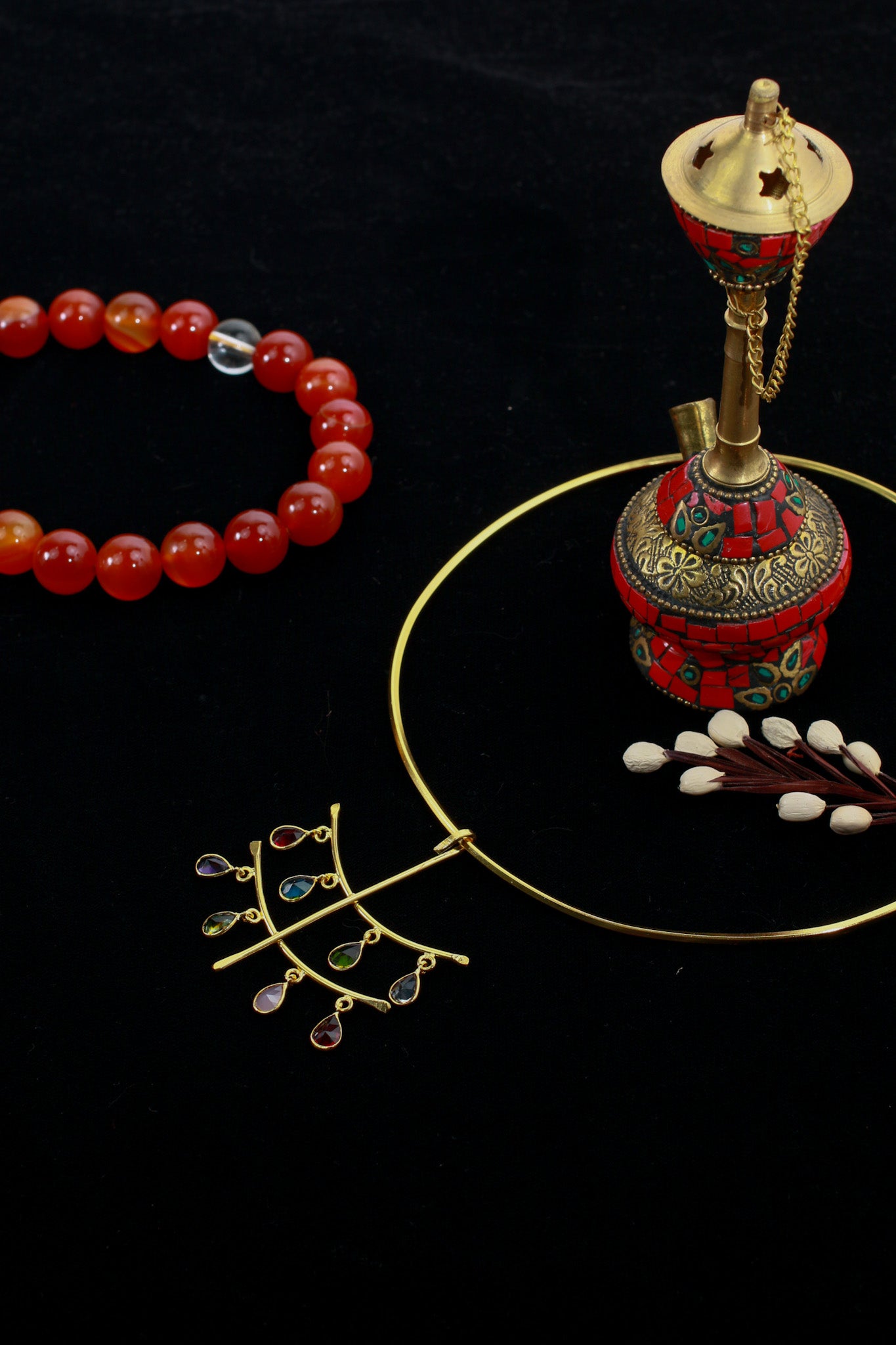 Hansuli Necklace with Cascade Teardrop Charms – Multicolor Stones | Brass Anti Tarnish | Lightweight