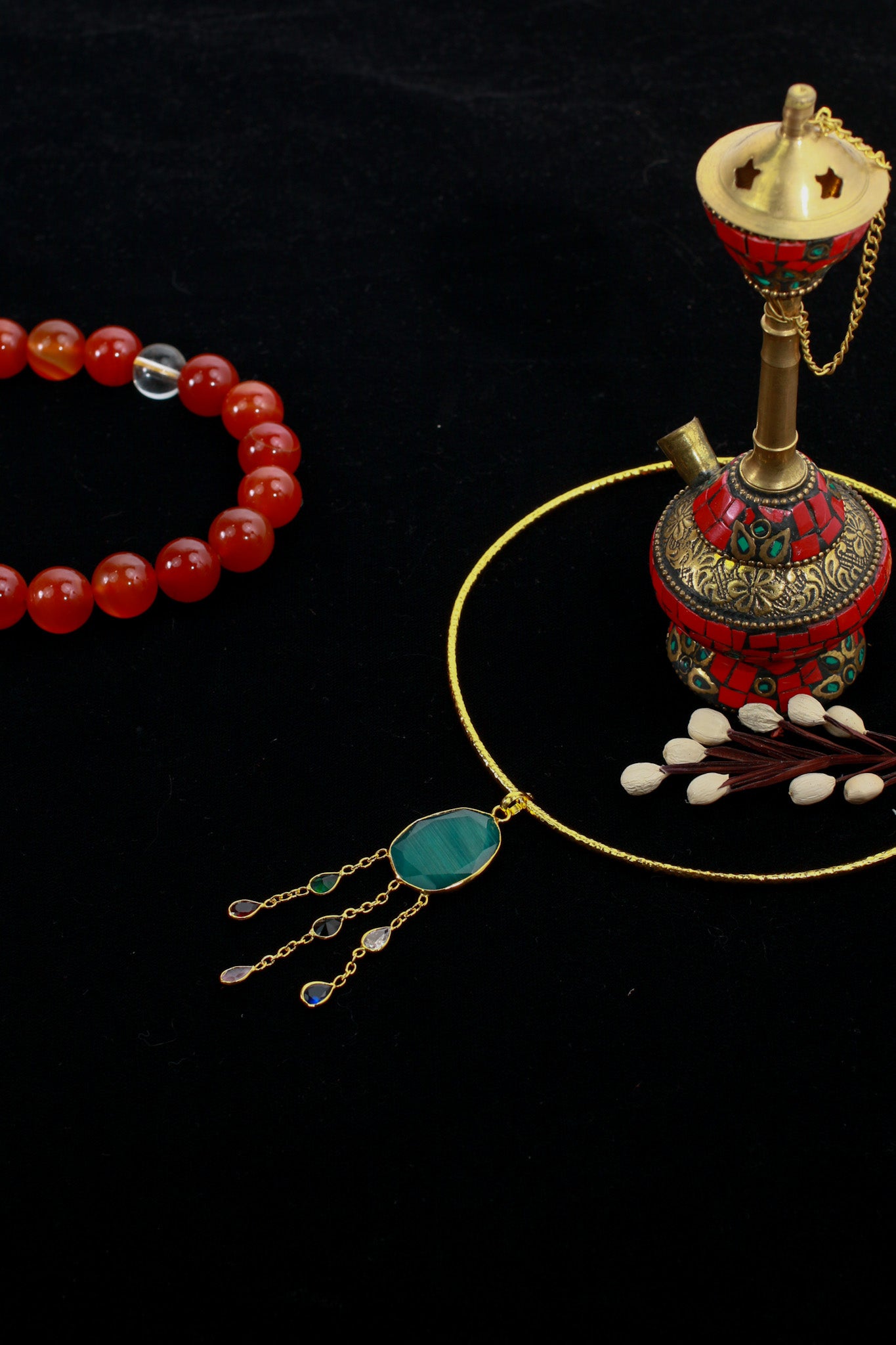 Hansuli Necklace with Green Pendant & Raindrop Dangles | Brass Anti Tarnish | Lightweight