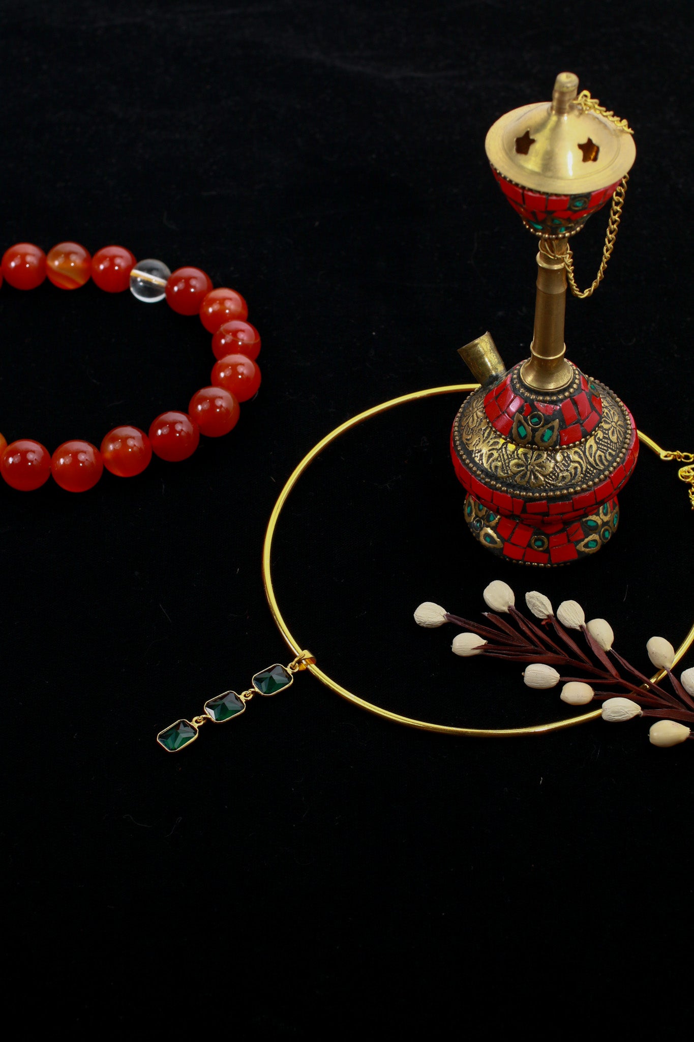 Hansuli Necklace with Triple Green Rectangle Pendant | Brass Anti Tarnish | Lightweight