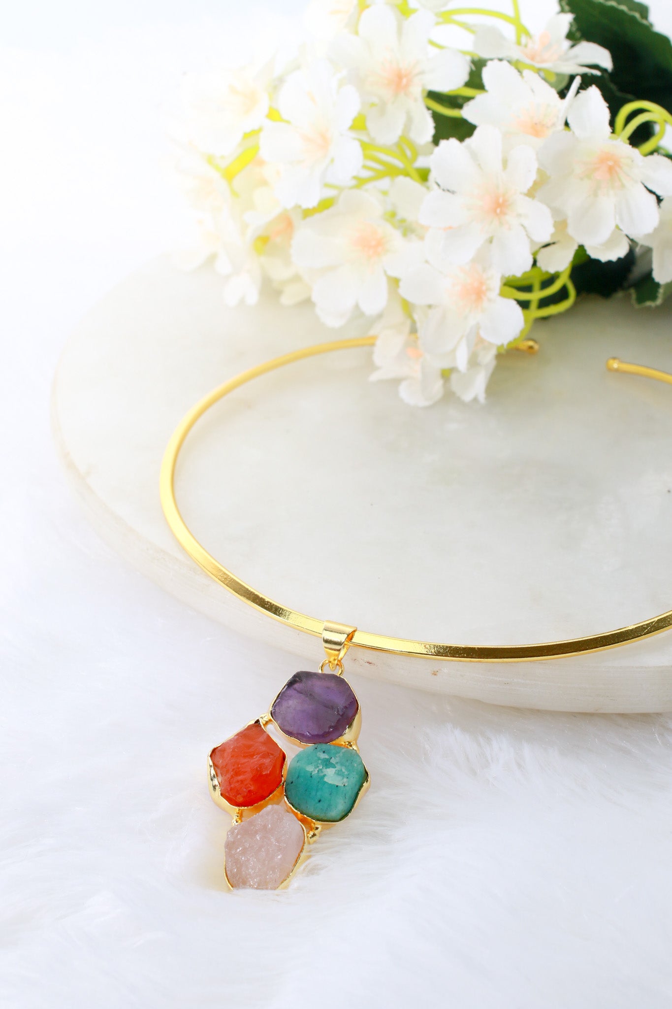 Minimal Hansuli Necklace with Multicolor Stones | Brass Anti Tarnish | Lightweight