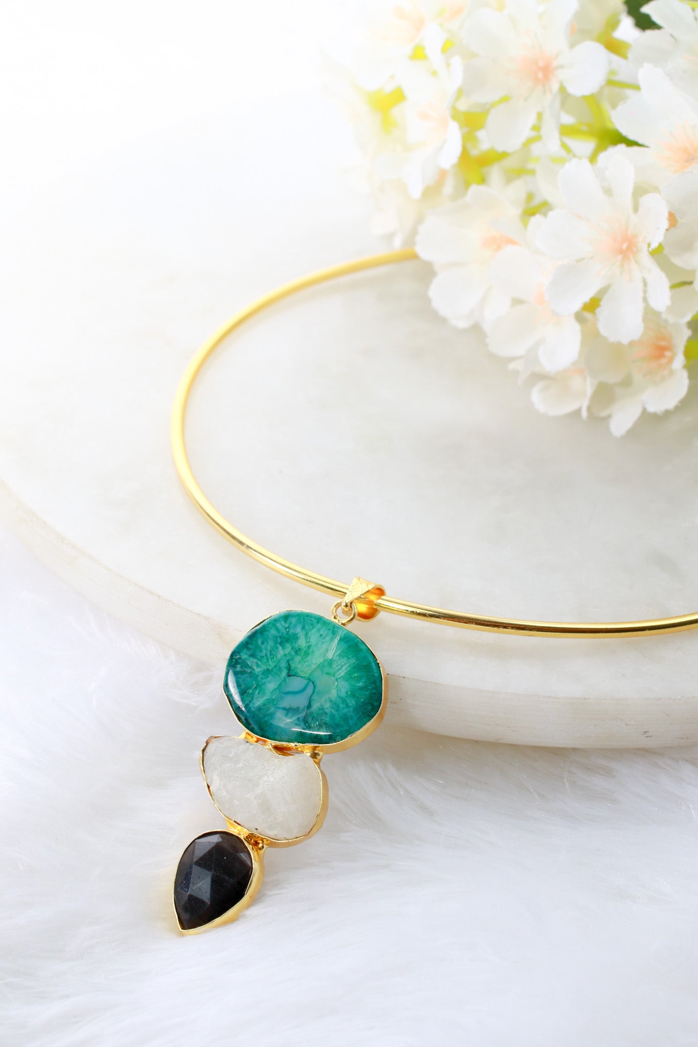 Hansuli Necklace with Triple Stone Pendant – Green White Black | Brass Anti Tarnish | Lightweight