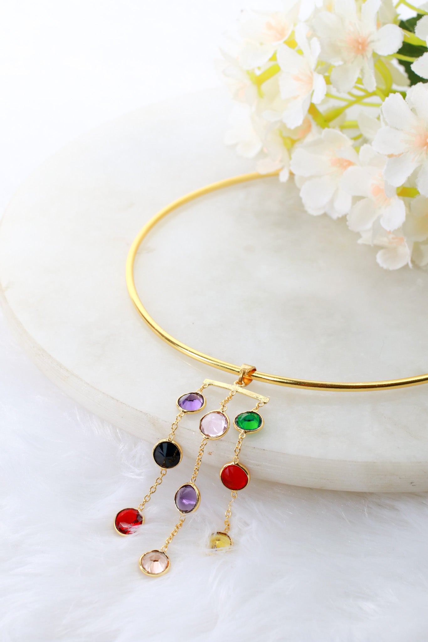 Hansuli Necklace with Triple-Chain Gem Pendant | Brass Anti Tarnish | Lightweight