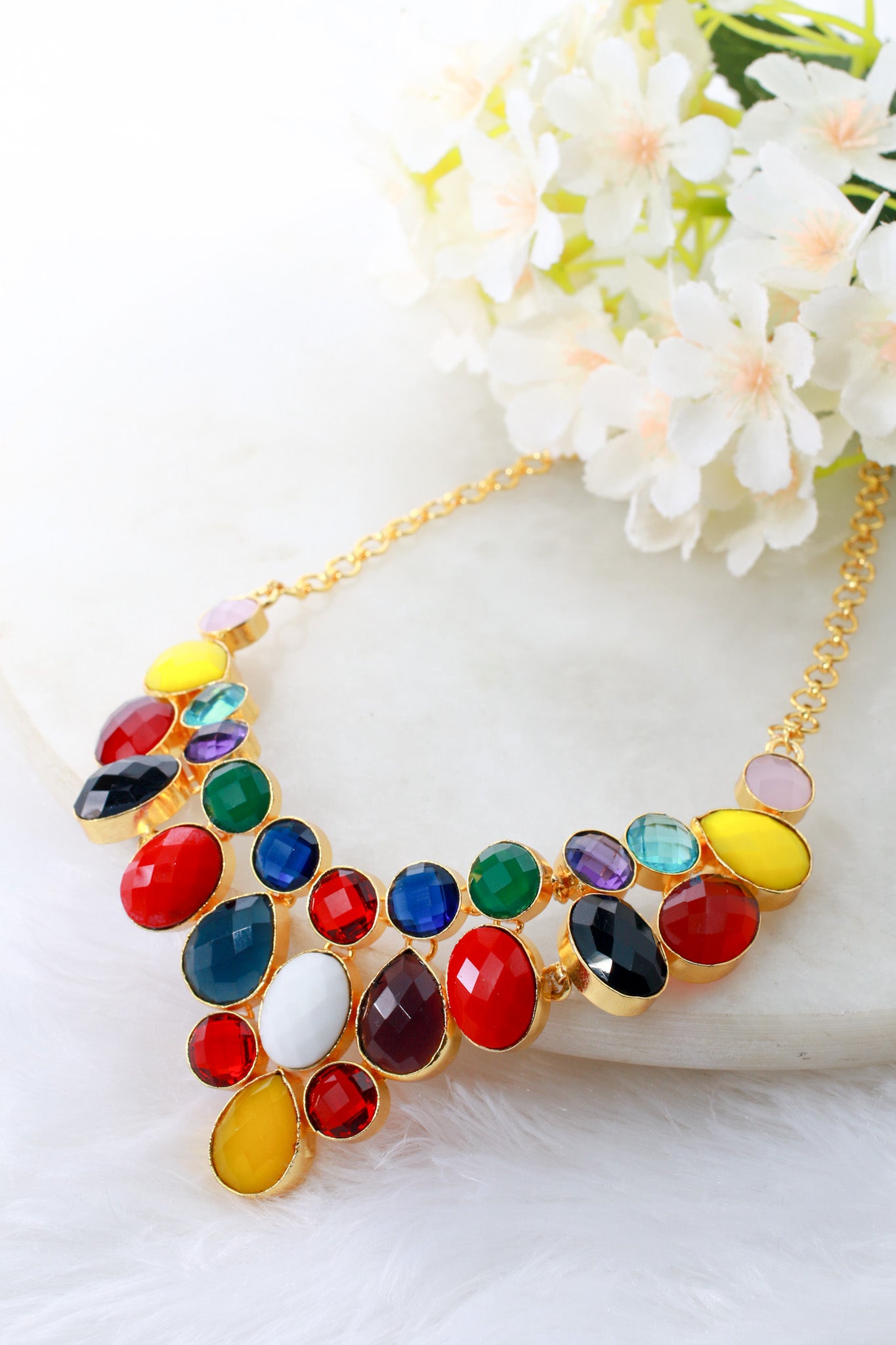 Multicolor Natural Stone Bib Statement Necklace | Brass Anti Tarnish | Lightweight