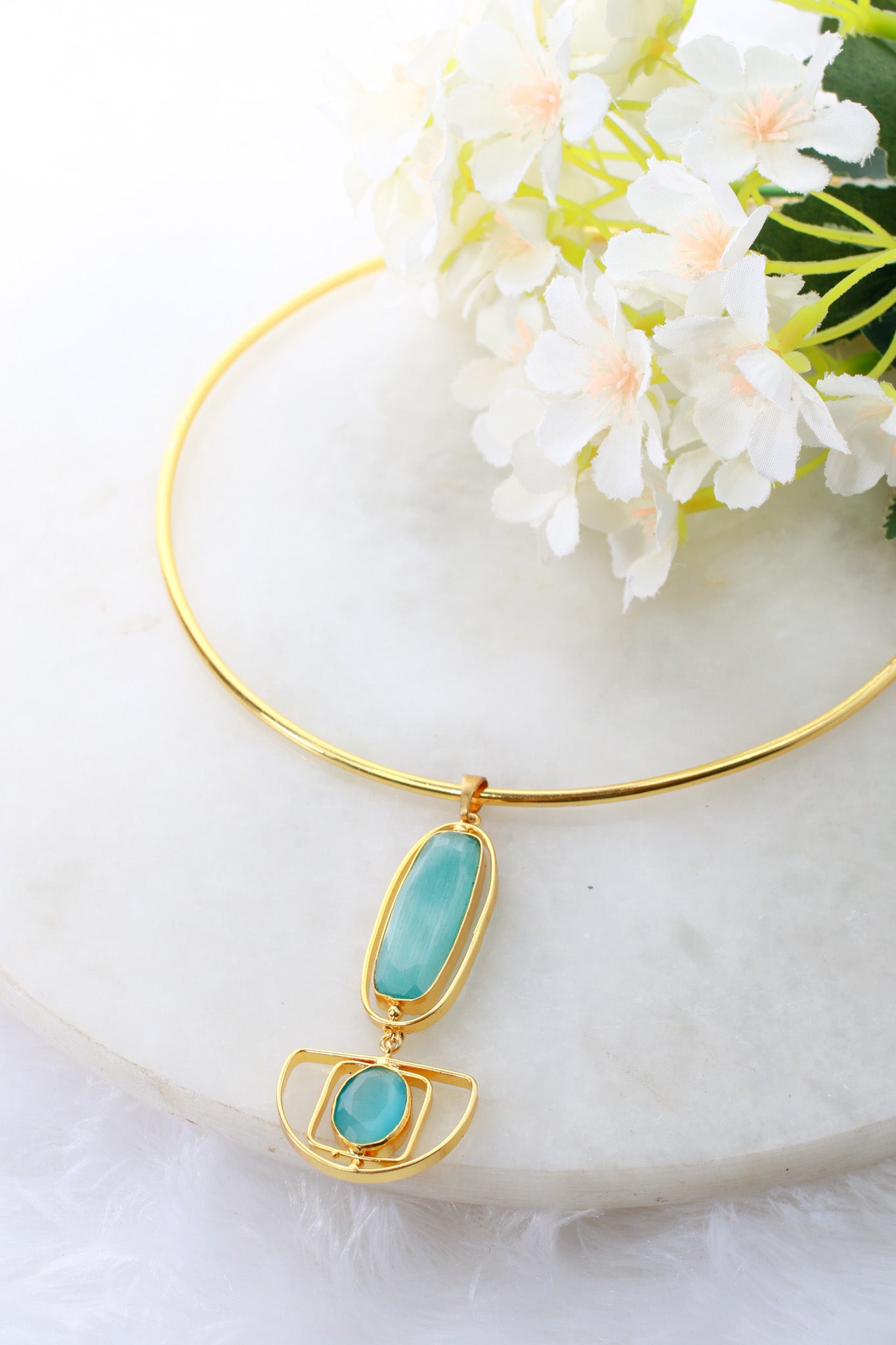 Hansuli Necklace with Art‑Deco Aqua Pendant | Brass Anti Tarnish | Lightweight