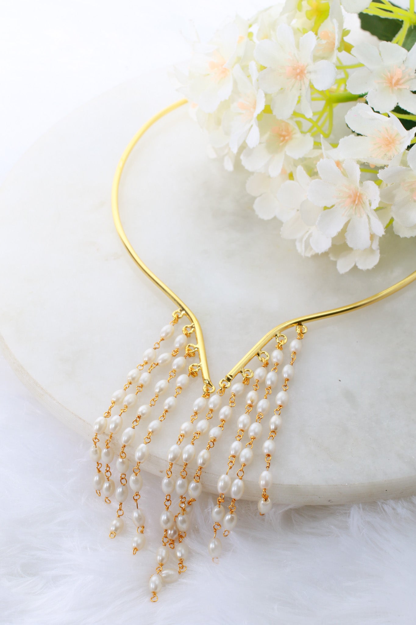 Pearl Tassel Hansuli Necklace | Brass Anti Tarnish | Lightweight