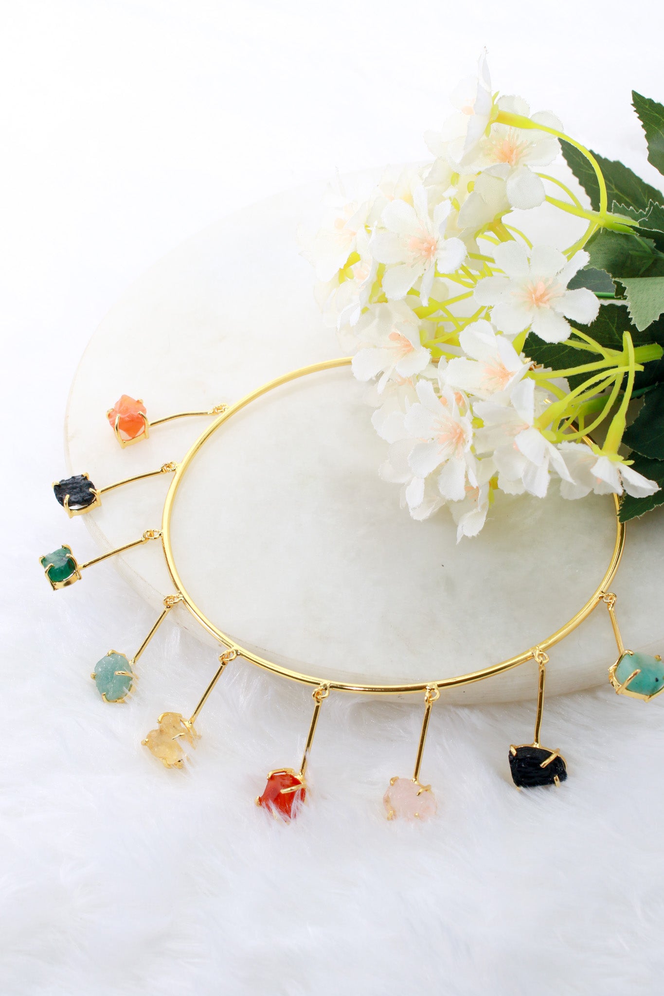 Hansuli Style Necklace with Natural Stones | Brass Anti Tarnish | Lightweight