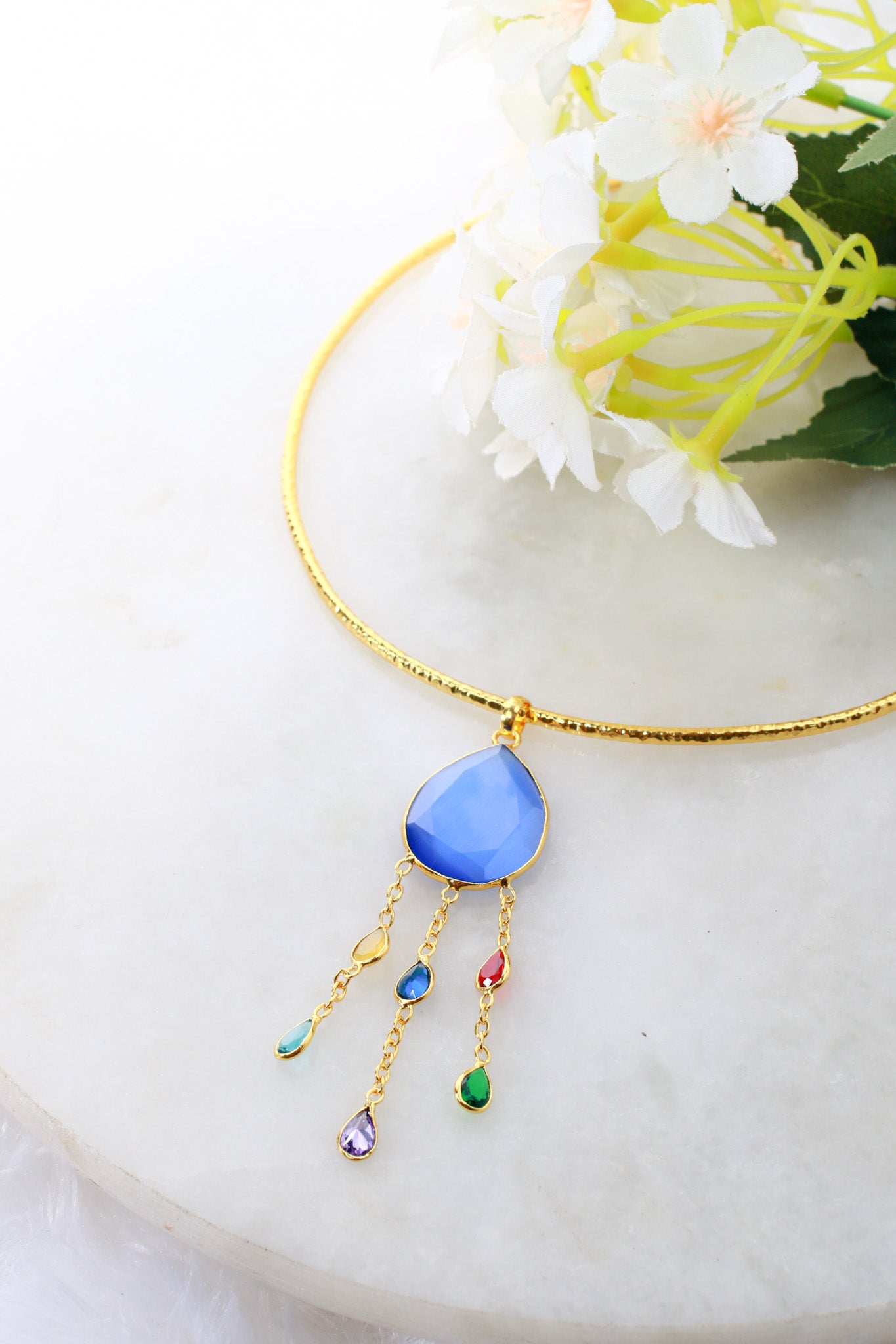 Hansuli Necklace with Blue Pendant & Raindrop Dangles | Brass Anti Tarnish | Lightweight