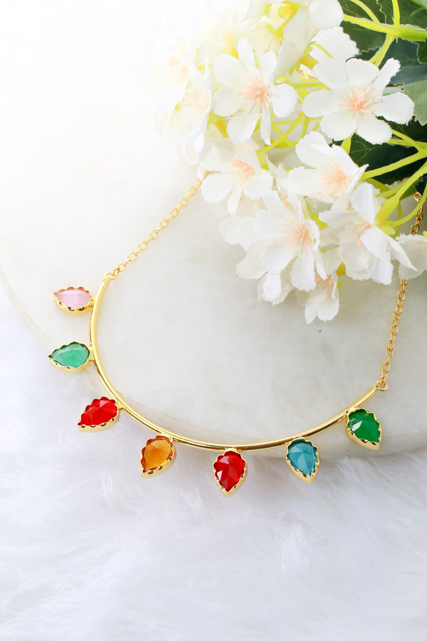 Leaf Design Multicolor Necklace | Natural Stones, Gold-Plated Brass