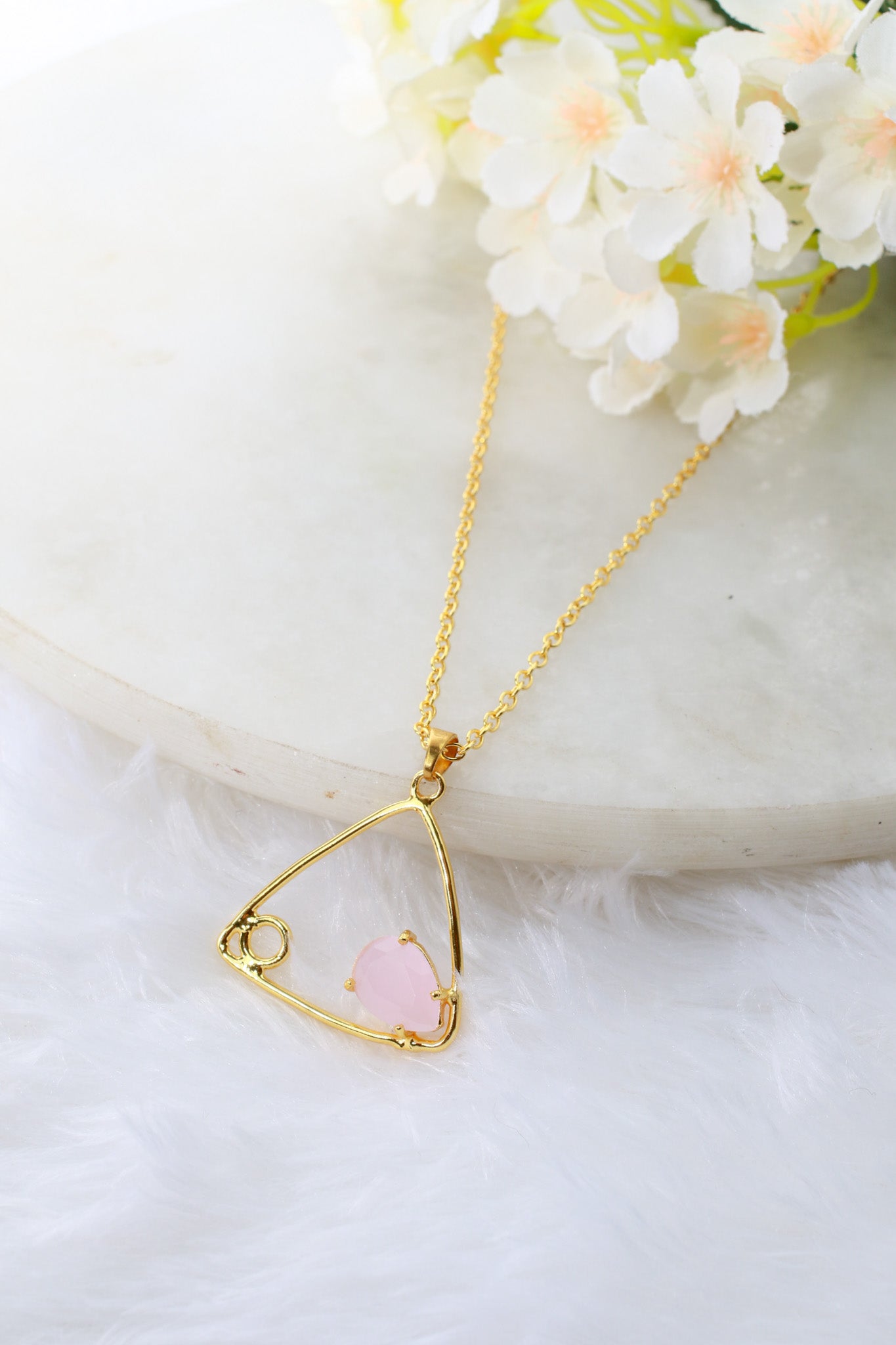 Geometric Triangle Pendant with Rose Quartz | Natural Stone Chain Pendant, Gold-Plated Brass