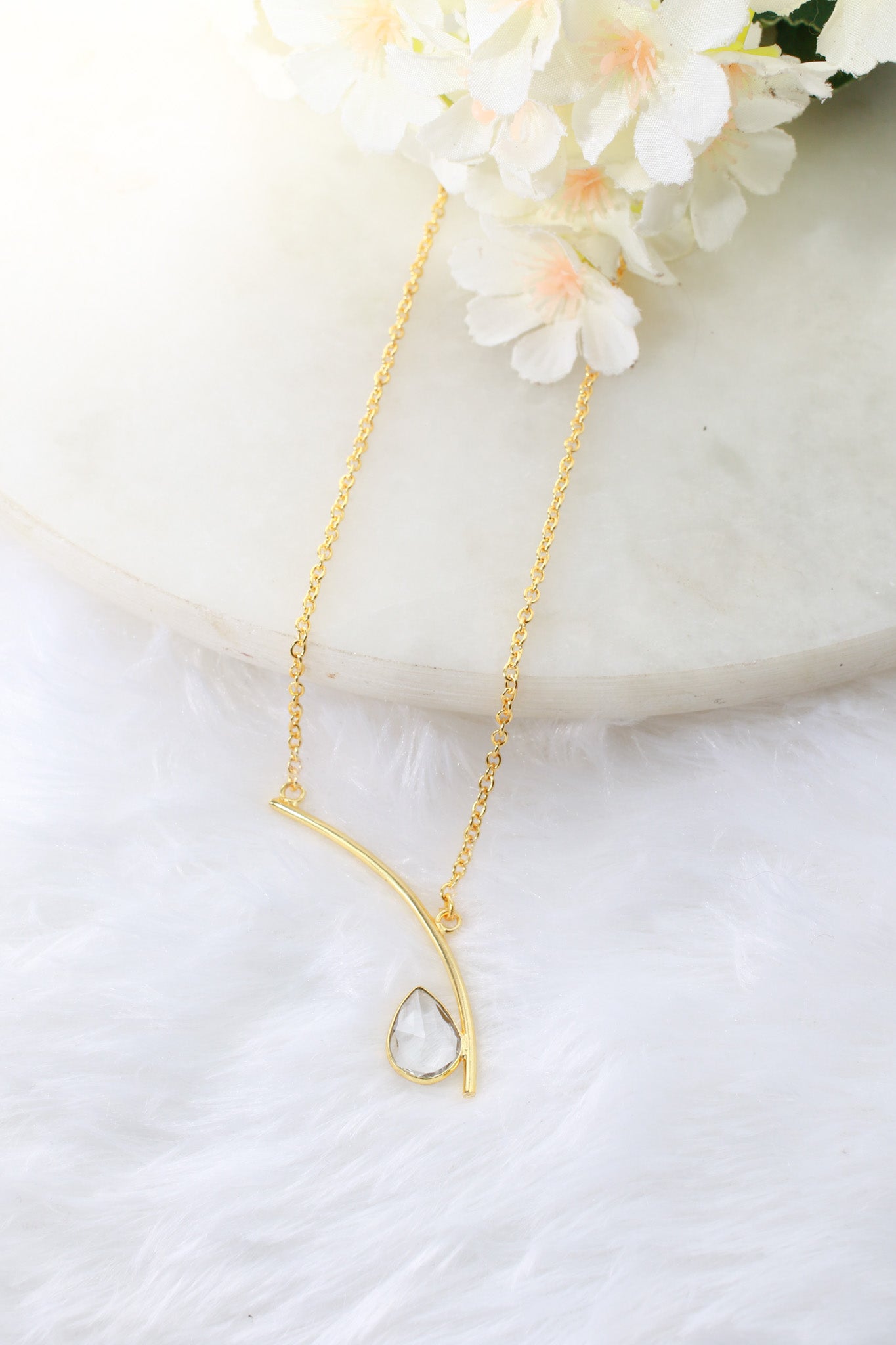 Curved Bar Chain Necklace with Clear Teardrop Natural Stone | Brass Anti Tarnish | Lightweight