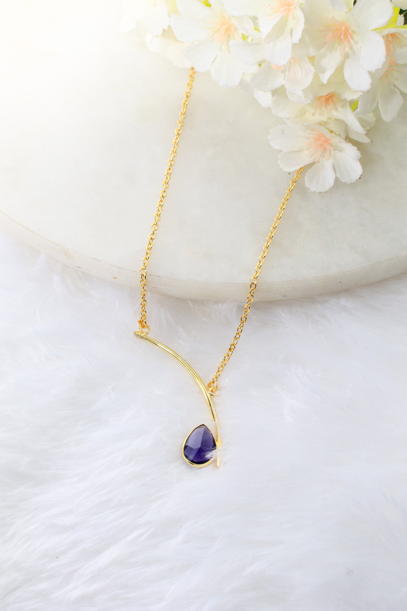 Curved Bar Chain Necklace with Purple Teardrop Natural Stone | Brass Anti Tarnish | Lightweight