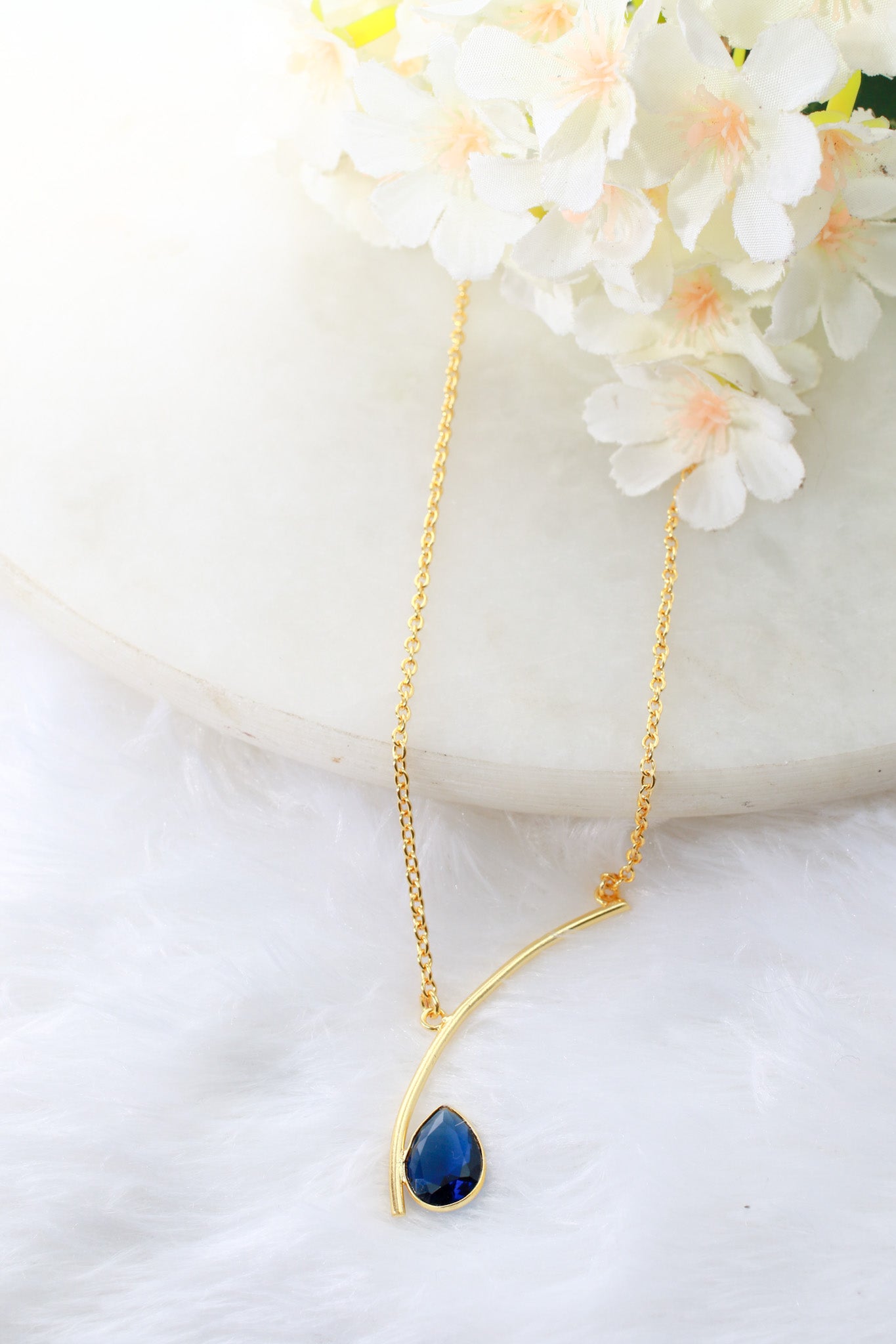 Curved Bar Chain Necklace with Blue Teardrop Natural Stone | Brass Anti Tarnish | Lightweight
