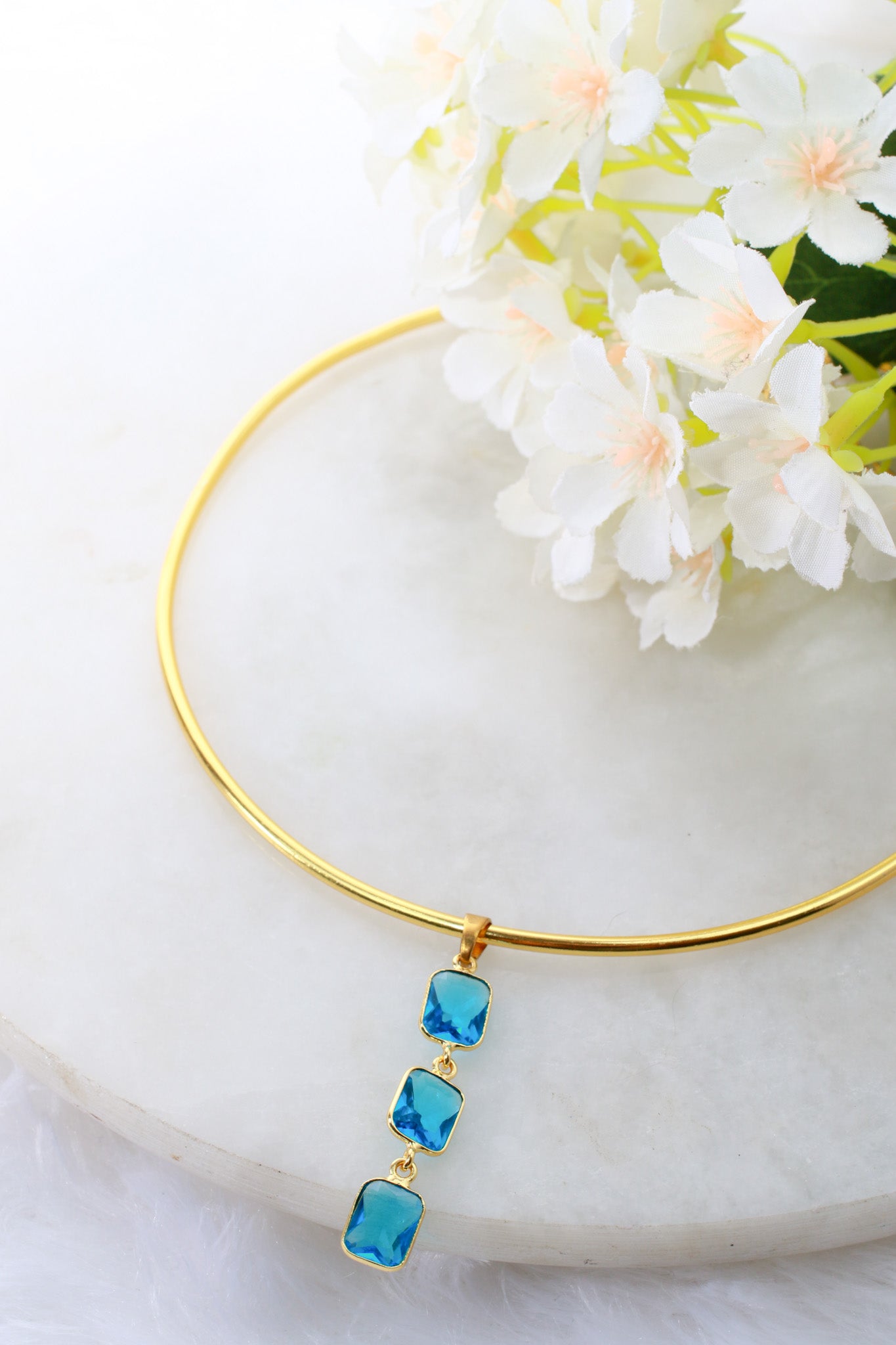 Hansuli Necklace with Triple Blue Rectangle Pendant | Brass Anti Tarnish | Lightweight