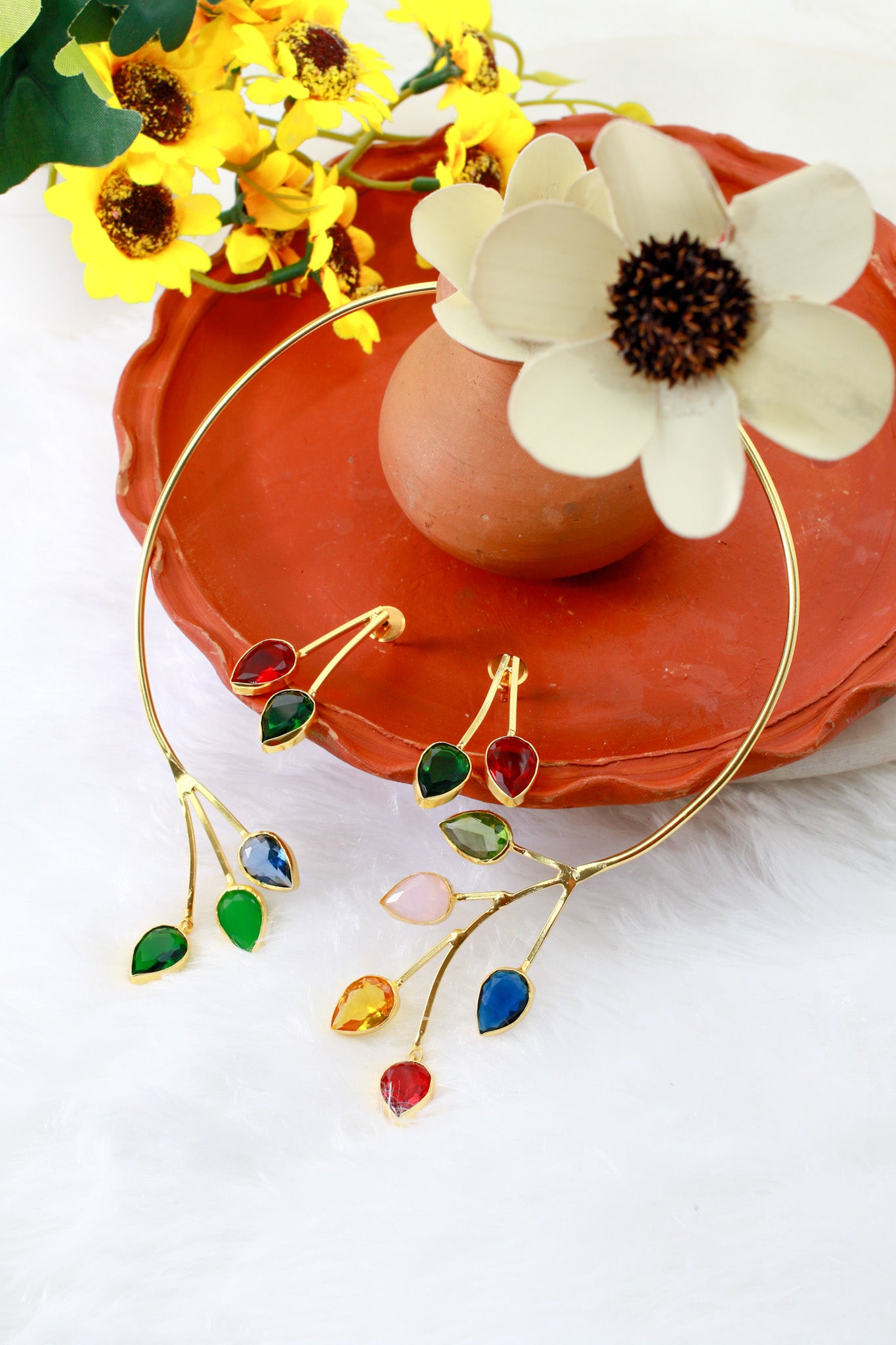 Branch Leaf Multistone Hansuli Necklace With Earrings | Brass Anti Tarnish | Lightweight