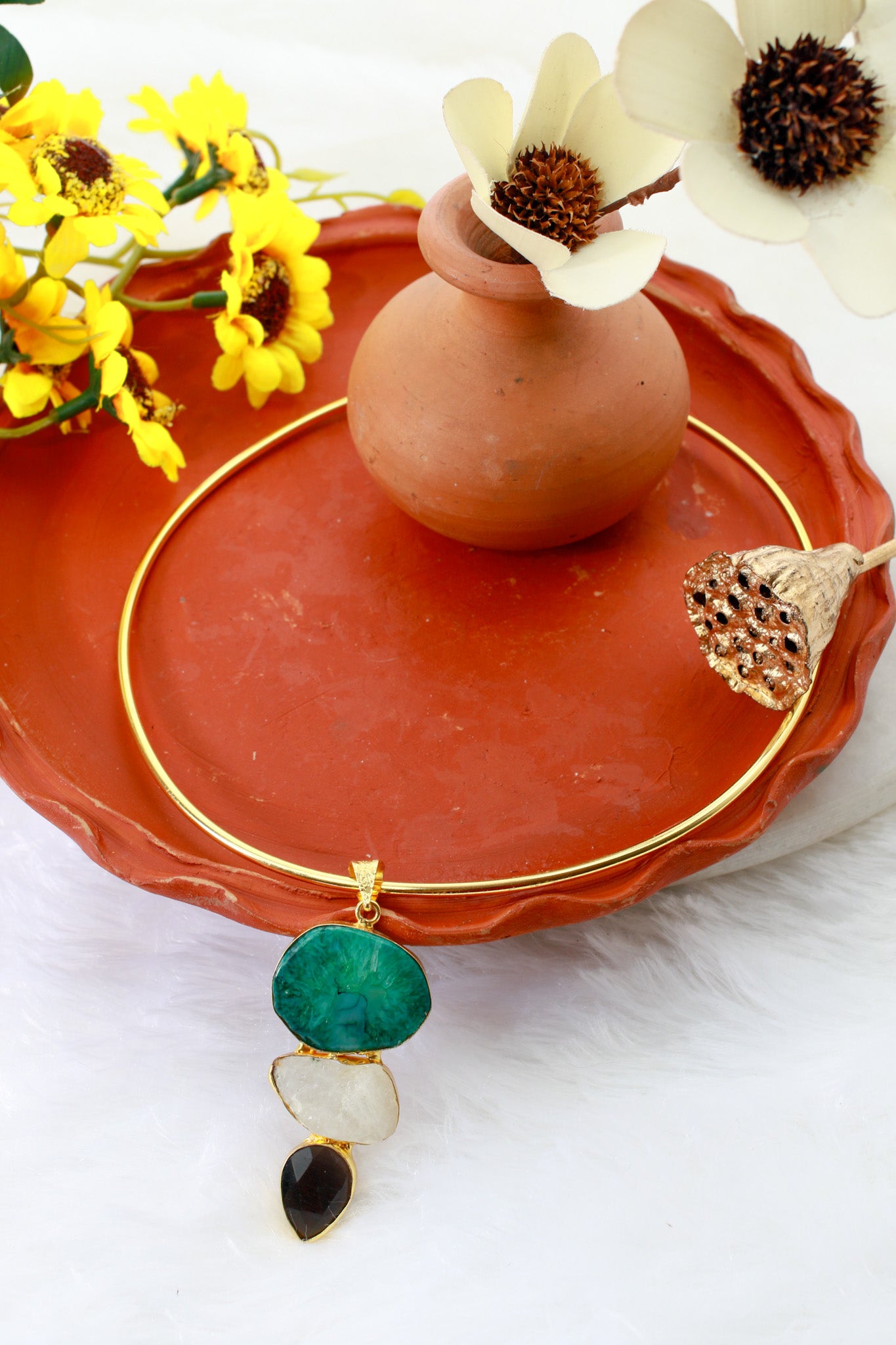 Hansuli Necklace with Triple Stone Pendant – Green White Black | Brass Anti Tarnish | Lightweight