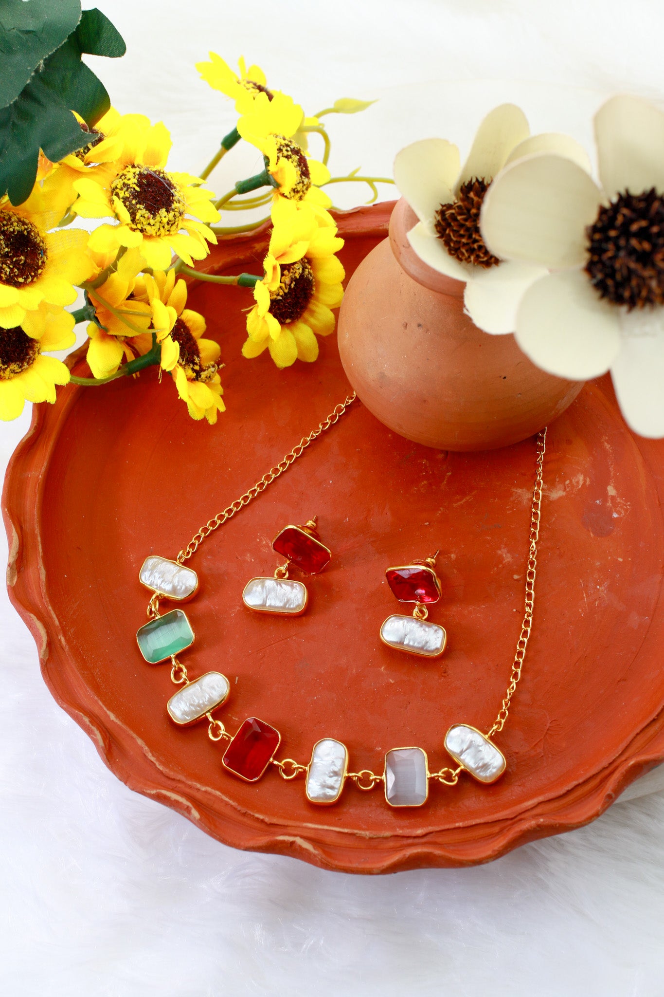 Pearl, Green & Red Stone Necklace Set | Natural Stones, Gold-Plated Brass