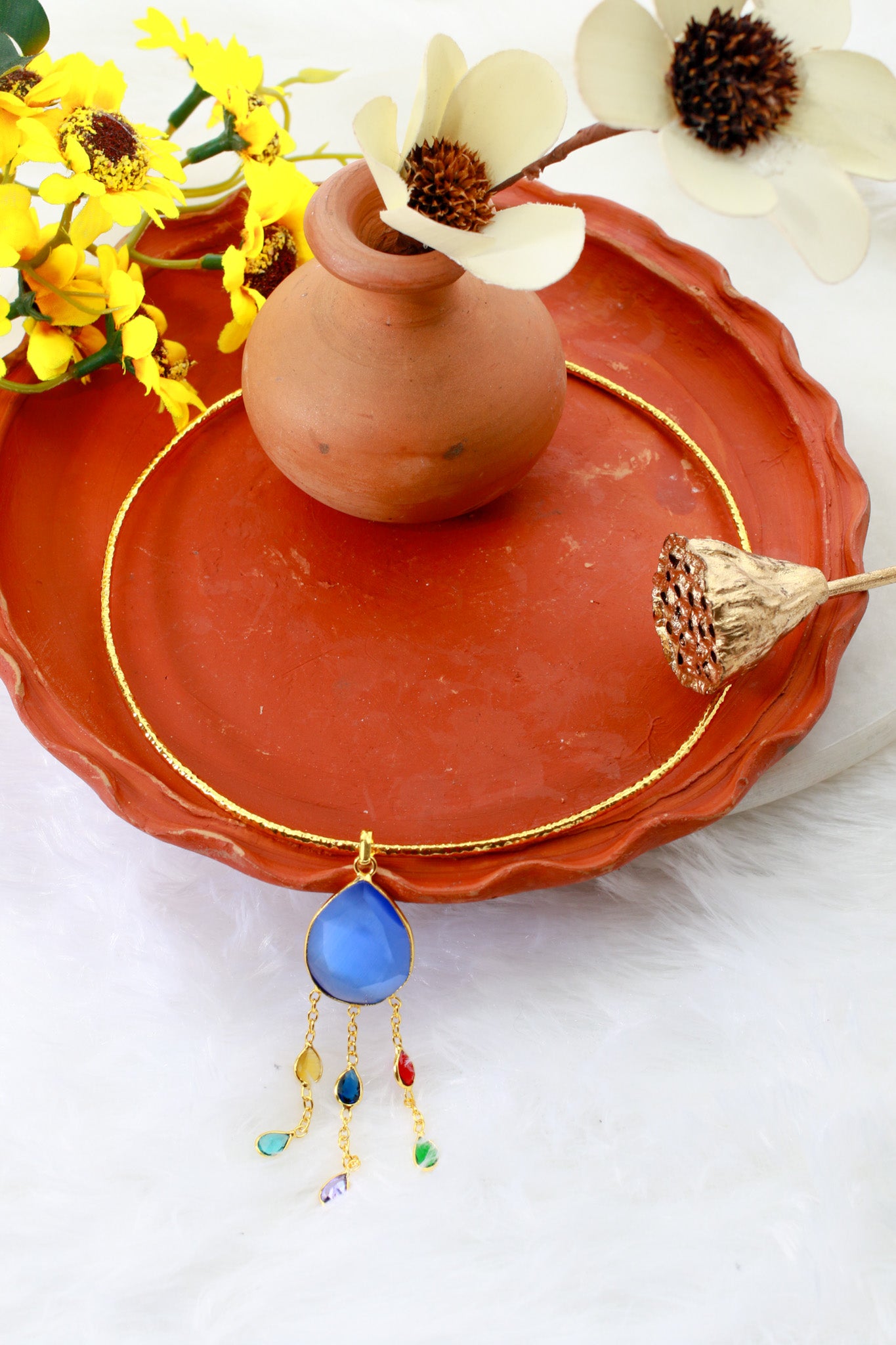 Hansuli Necklace with Blue Pendant & Raindrop Dangles | Brass Anti Tarnish | Lightweight