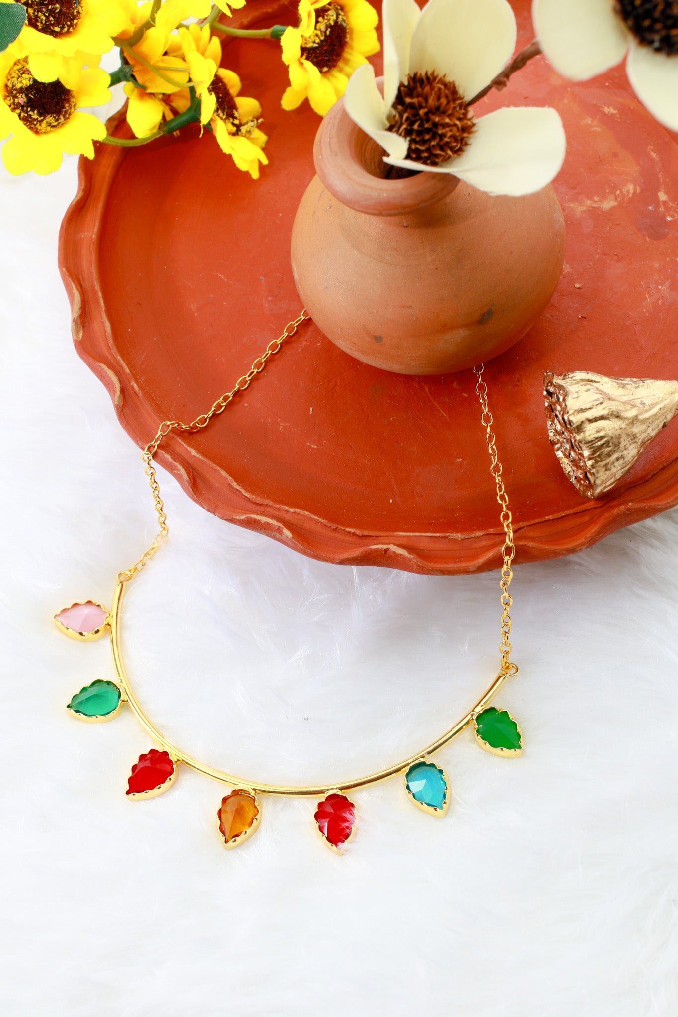 Leaf Design Multicolor Necklace | Natural Stones, Gold-Plated Brass