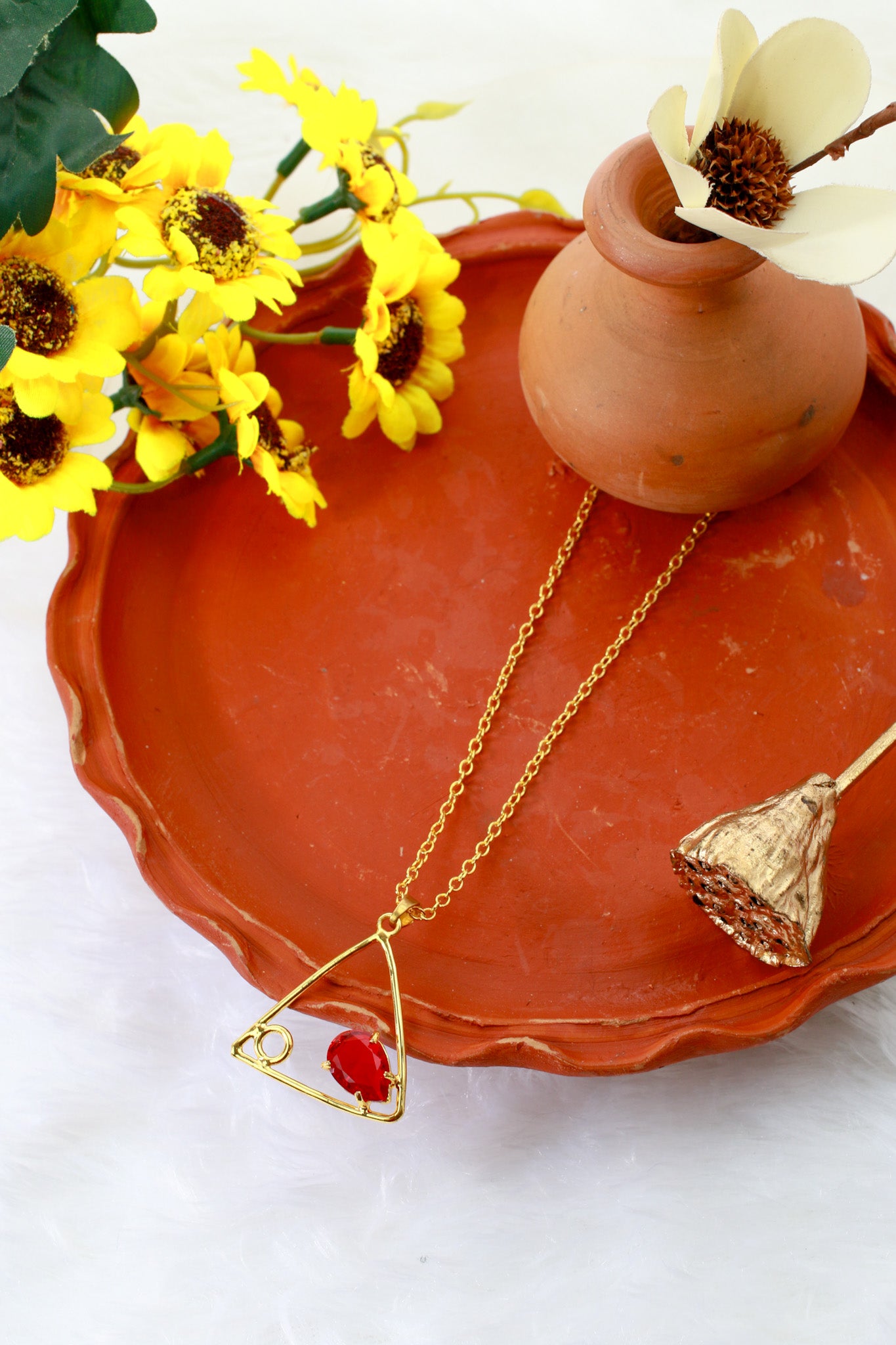 Geometric Triangle Pendant with Red Stone | Natural Stone Chain Pendant, Gold-Plated Brass