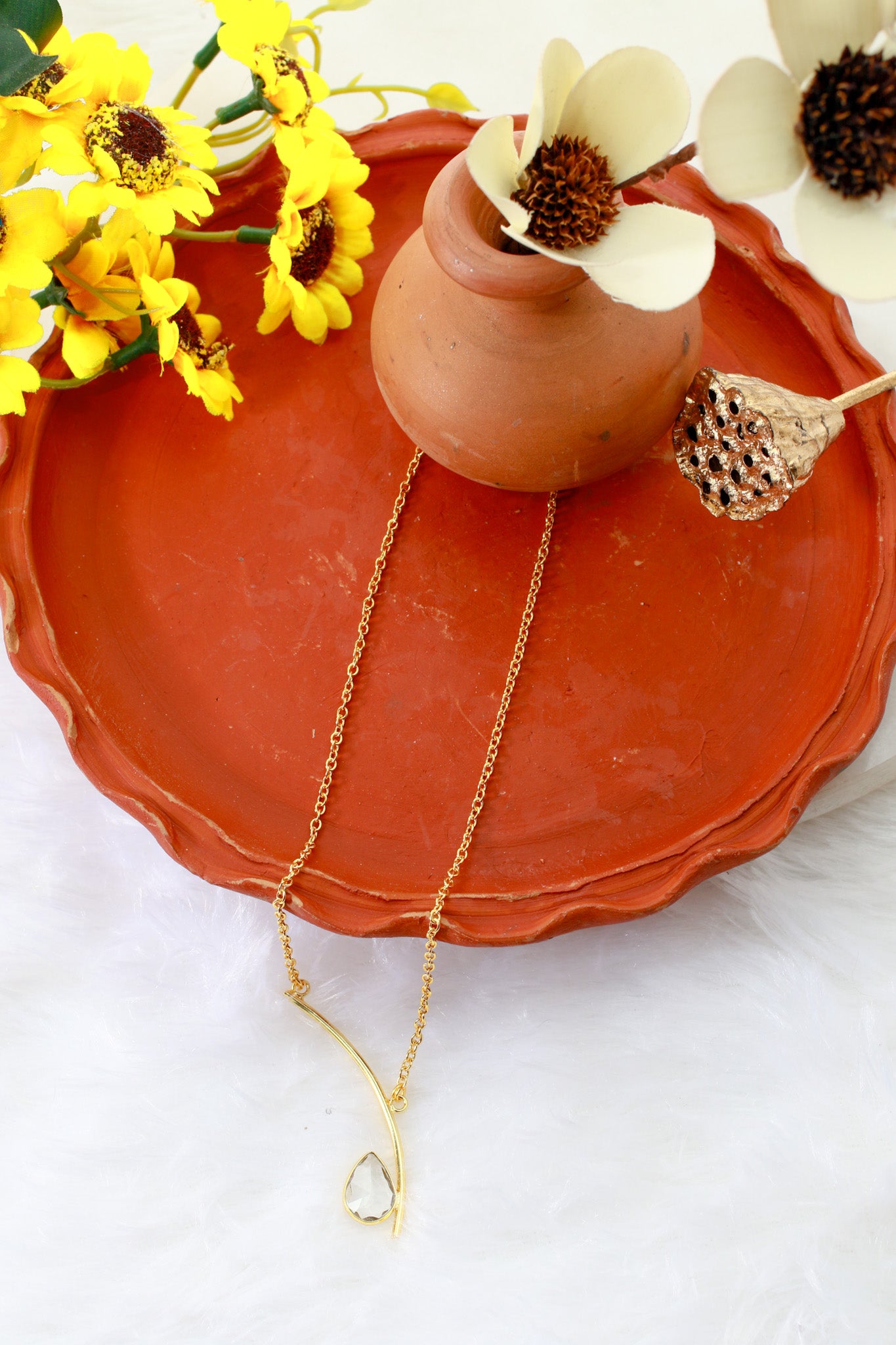 Curved Bar Chain Necklace with Clear Teardrop Natural Stone | Brass Anti Tarnish | Lightweight