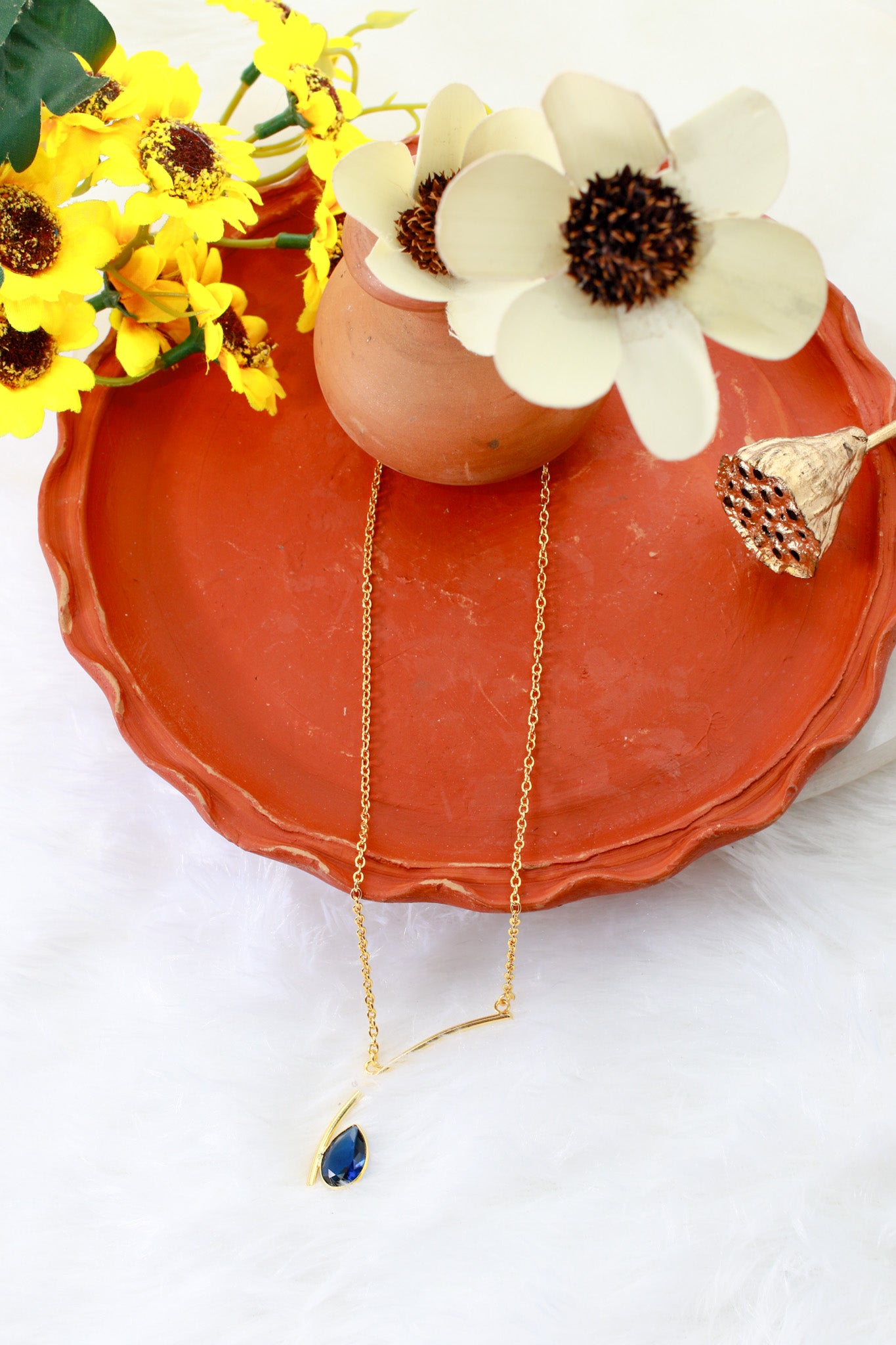 Curved Bar Chain Necklace with Blue Teardrop Natural Stone | Brass Anti Tarnish | Lightweight