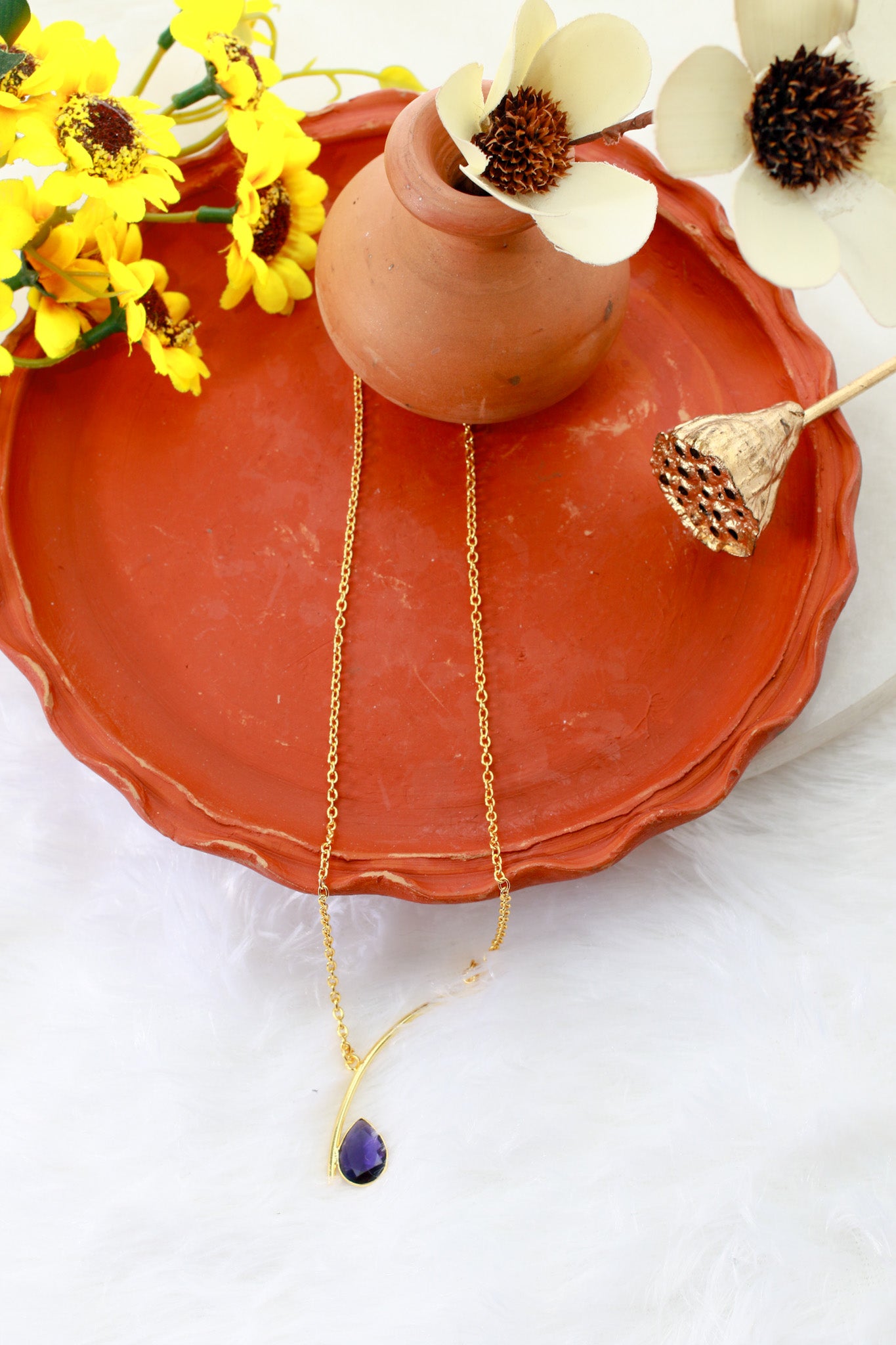 Curved Bar Chain Necklace with Purple Teardrop Natural Stone | Brass Anti Tarnish | Lightweight
