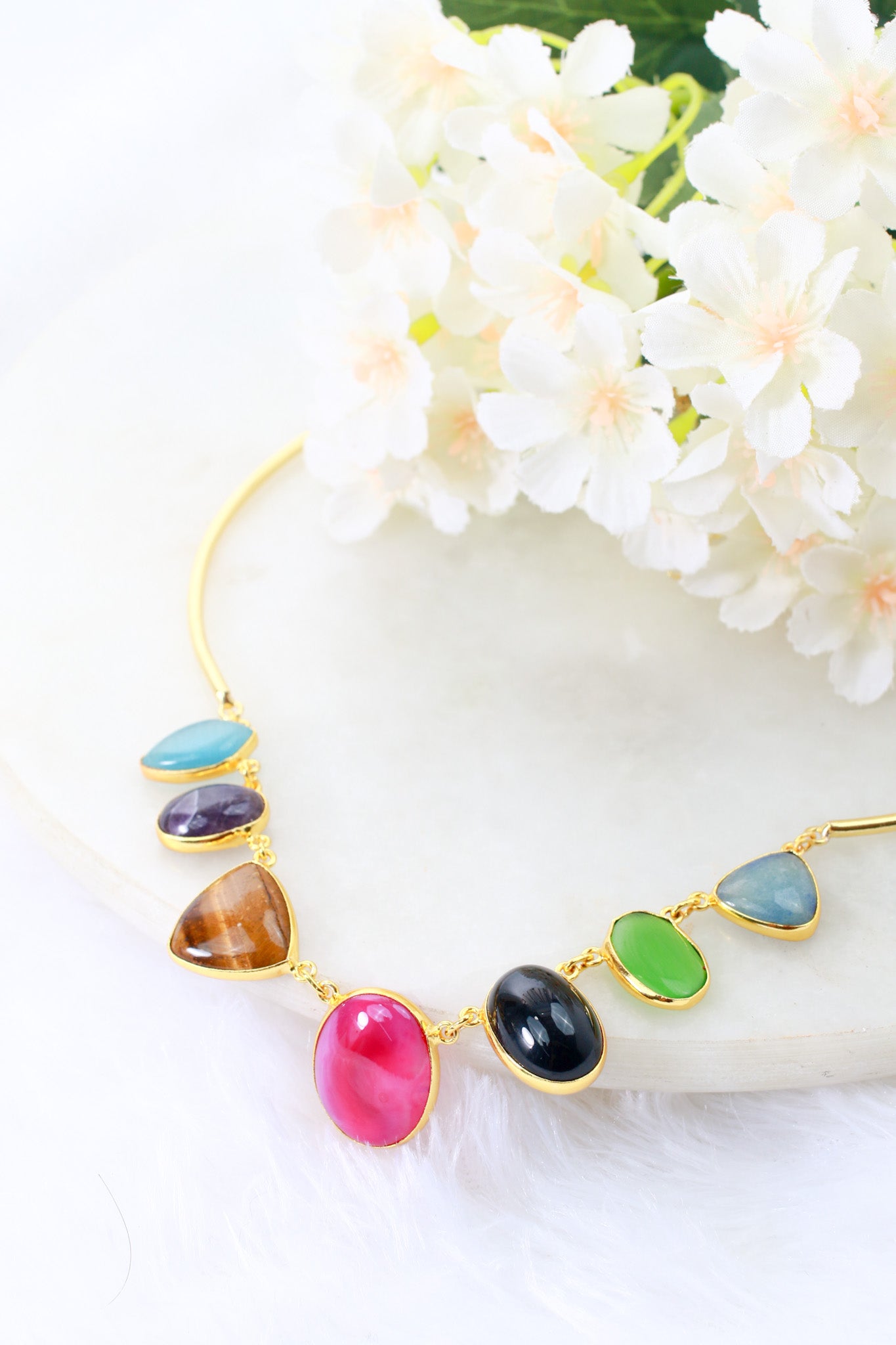 Multicolor Natural Stone Necklace | Brass Anti Tarnish | Lightweight