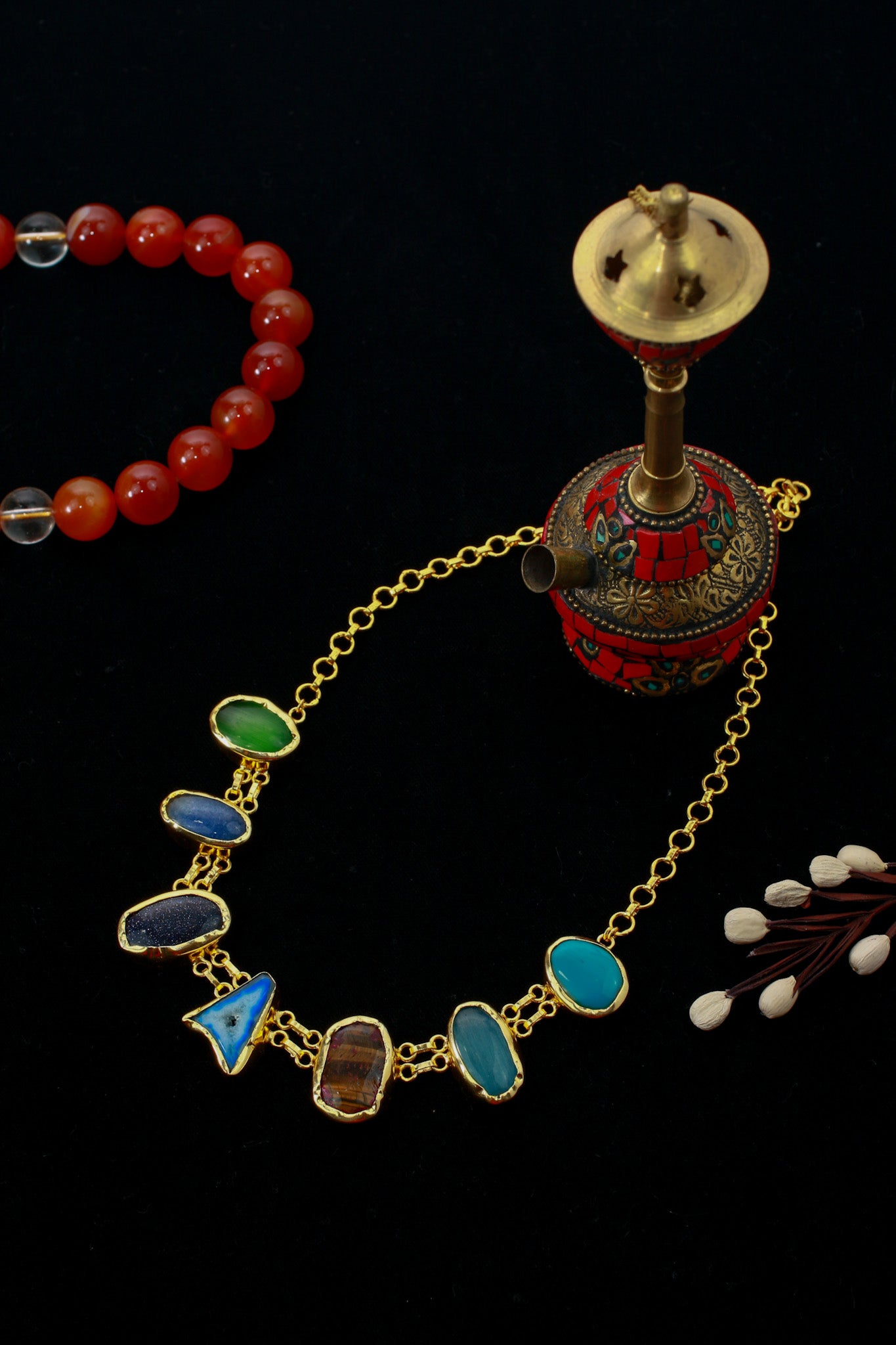 Natural Stone Statement Necklace – Multicolor Gem Chain | Brass Anti Tarnish | Lightweight