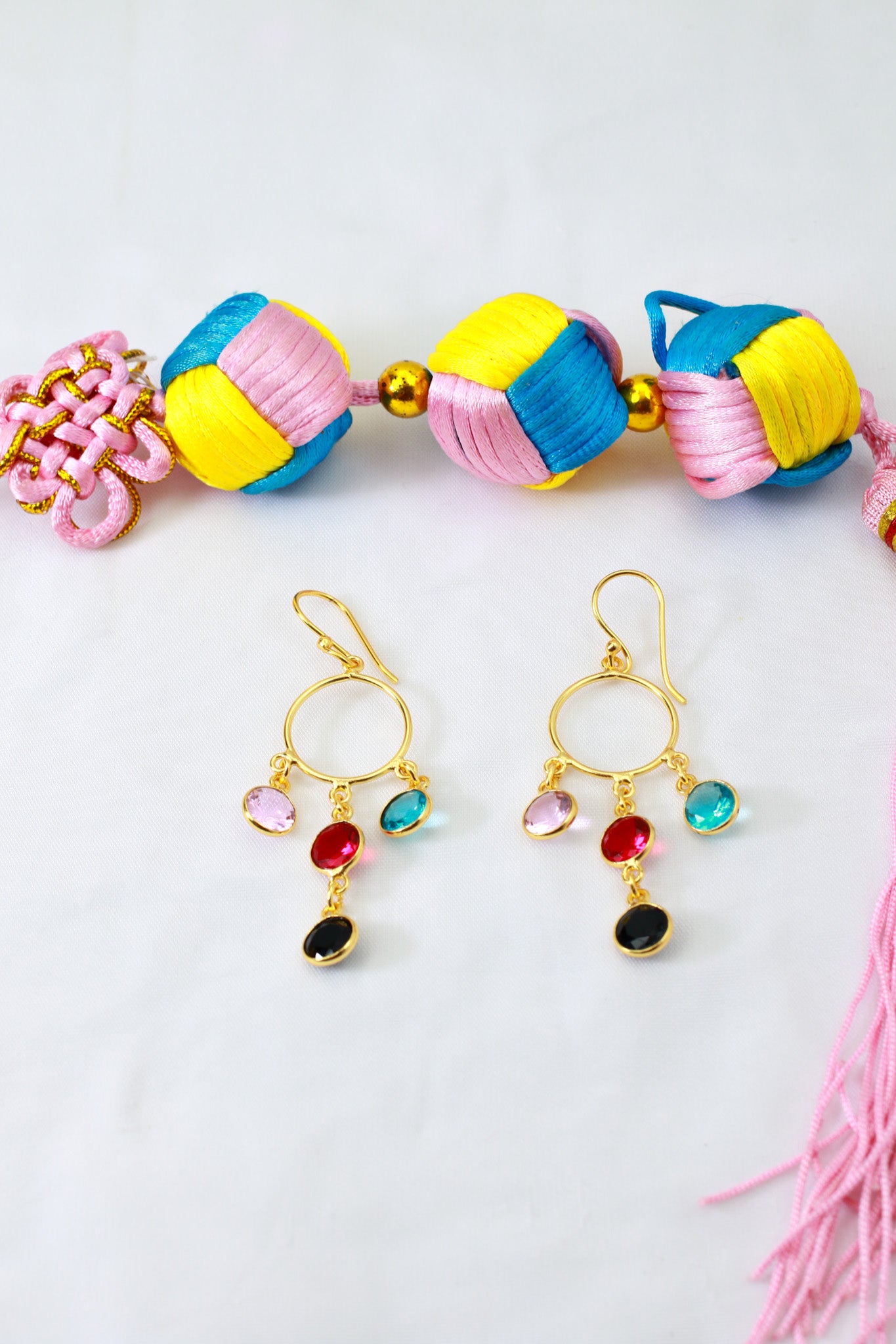 Circle Charm Dangle Earrings – Blue, Red & Black Stones | Natural Stone, Gold‑Plated Brass