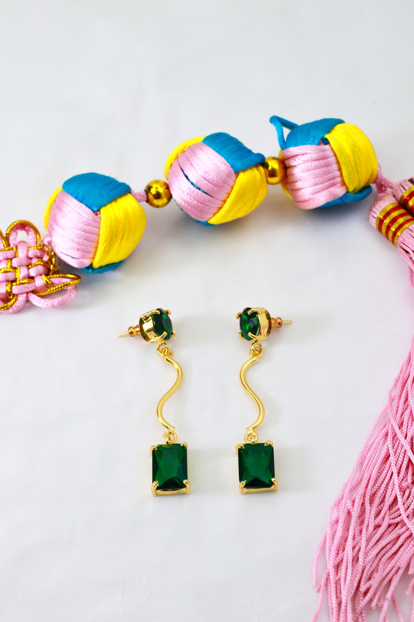 Wavy Bar Drop Earrings with Emerald‑Green Stone | Natural Stone, Gold‑Plated Brass