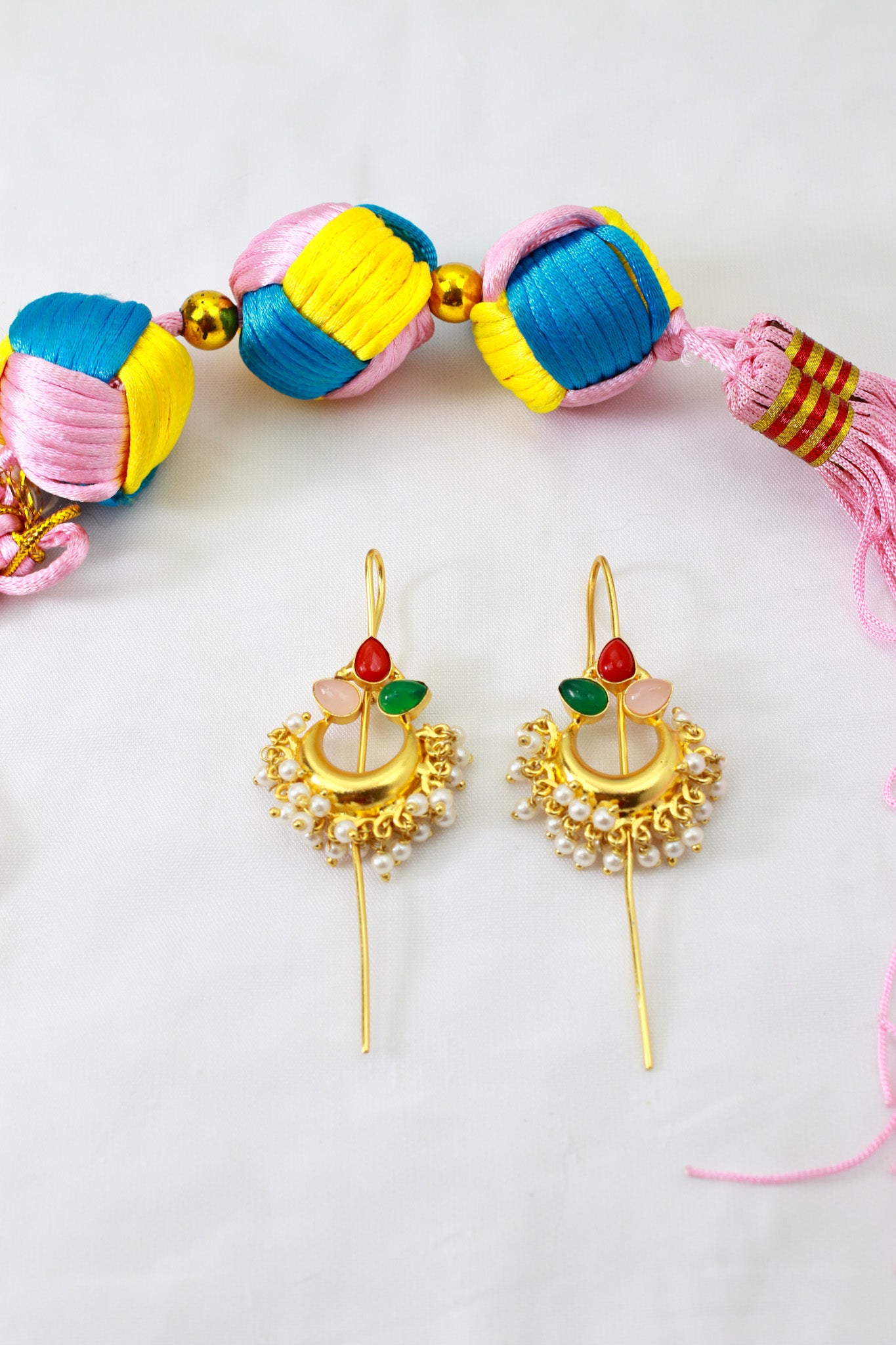Traditional Bugadi Earring with Pearl Fringe & Multicolor Floral Stones | Brass Anti Tarnish | Lightweight
