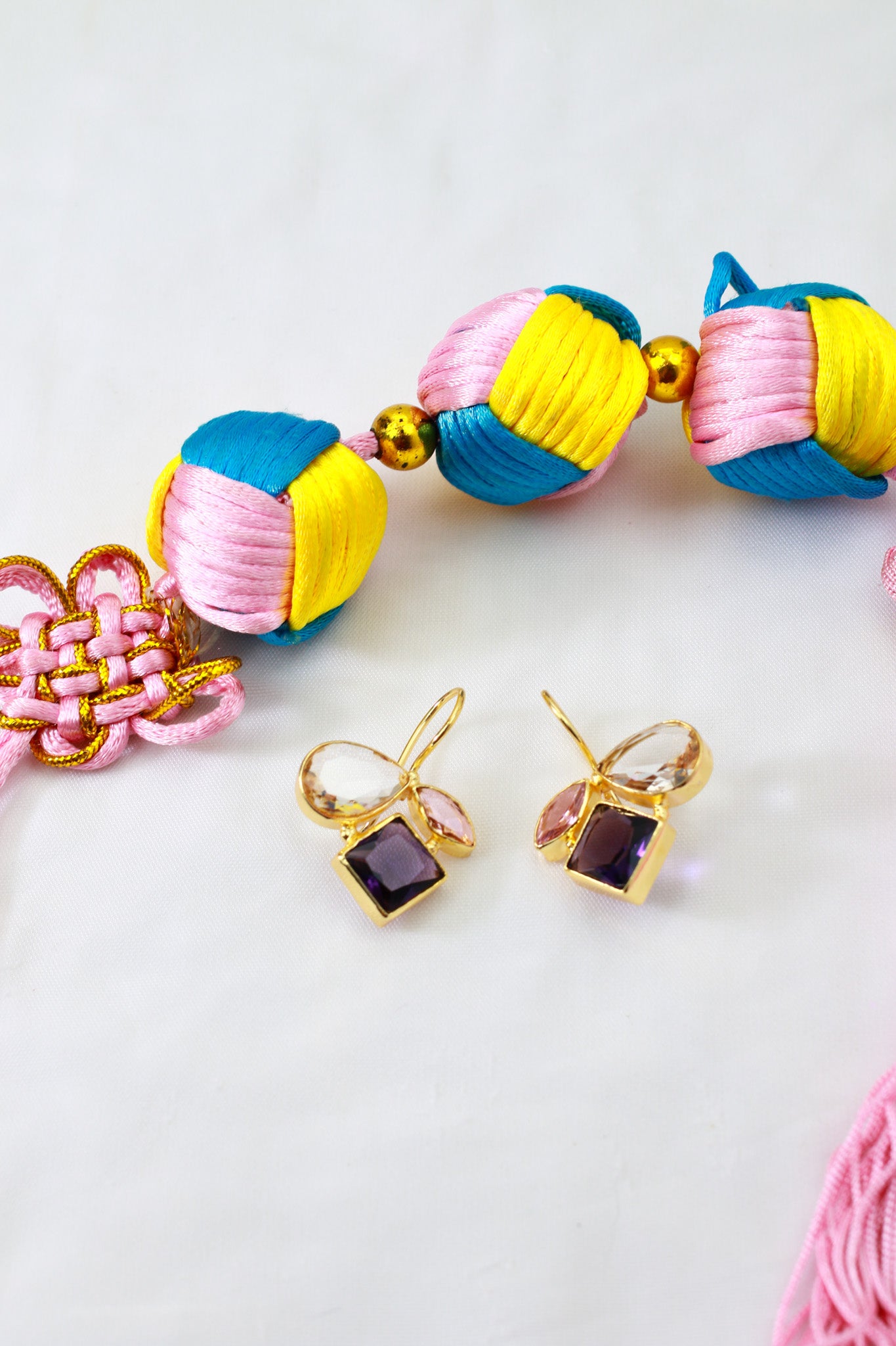 Amethyst Cluster Earrings with Champagne & Blush Petals | Natural Stones, Gold‑Plated Brass