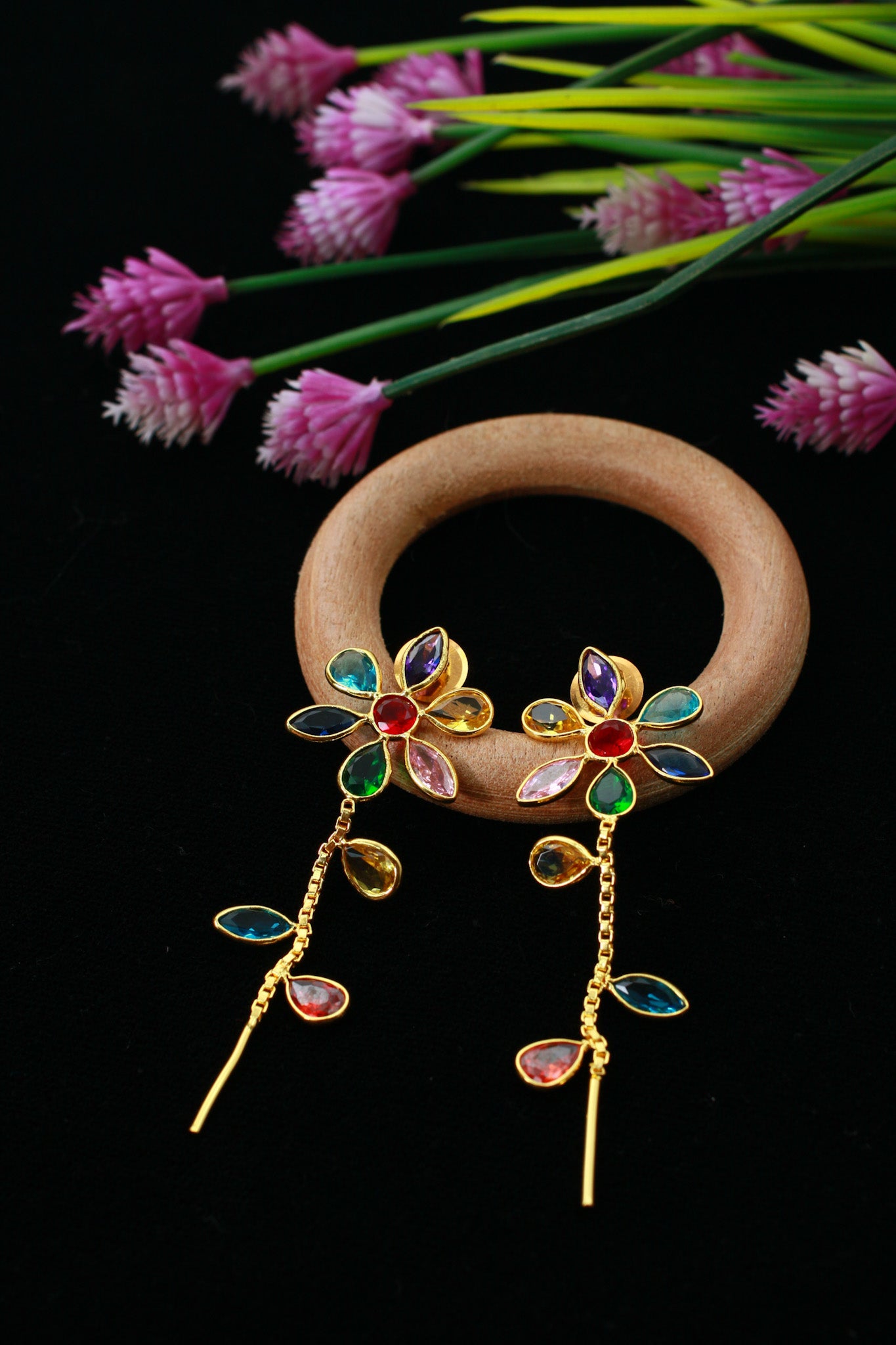 Multicolor Floral Ear Climber Threader Earrings | Natural Stones, Gold‑Plated Brass
