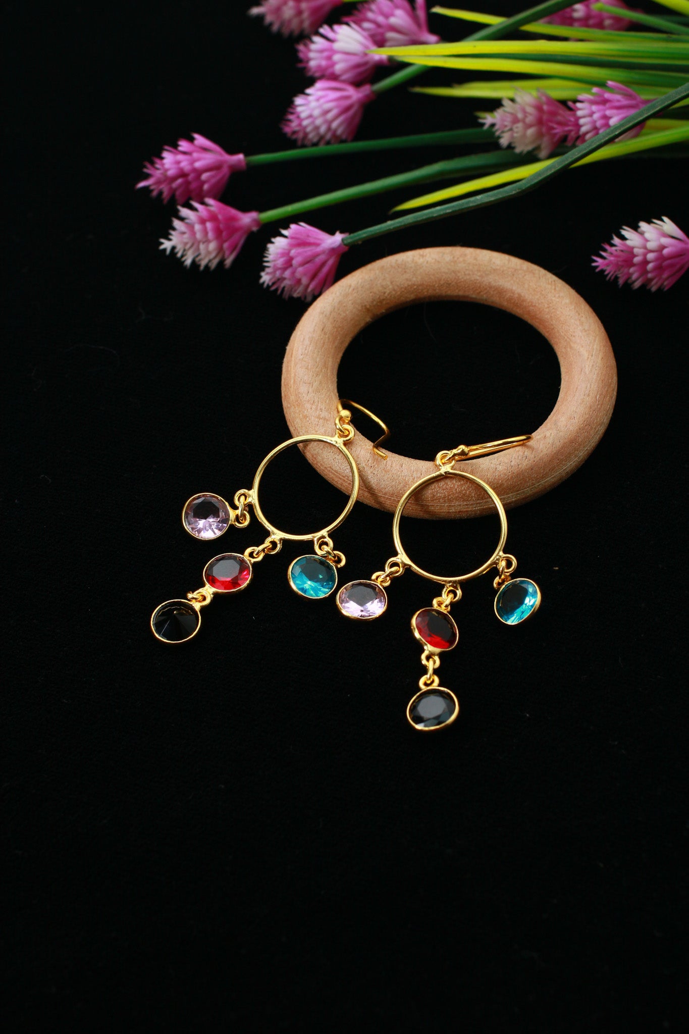 Circle Charm Dangle Earrings – Blue, Red & Black Stones | Natural Stone, Gold‑Plated Brass